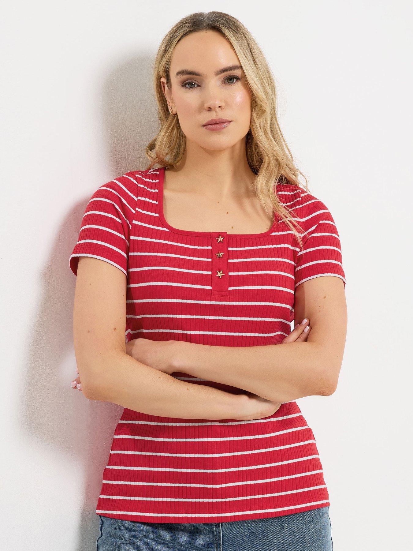 Image 1 of 5 of Long Tall Sally Striped Square Neck Button Detail T-Shirt - Red