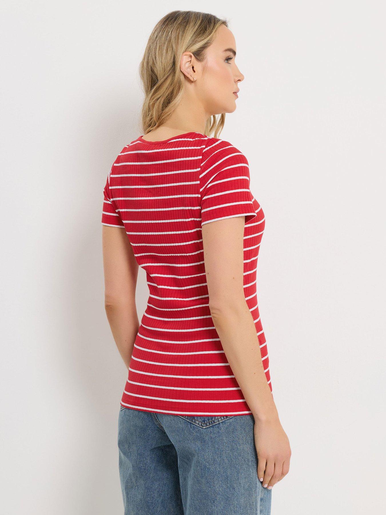 Image 2 of 5 of Long Tall Sally Striped Square Neck Button Detail T-Shirt - Red