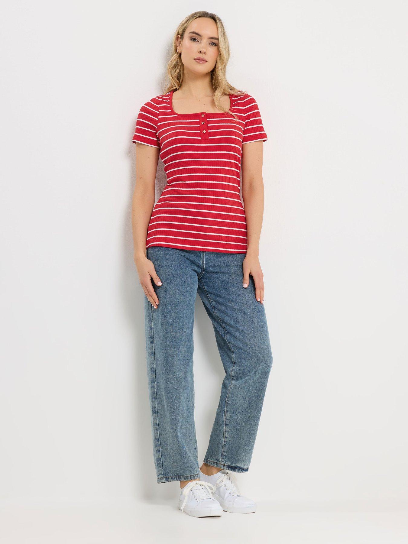 Image 3 of 5 of Long Tall Sally Striped Square Neck Button Detail T-Shirt - Red