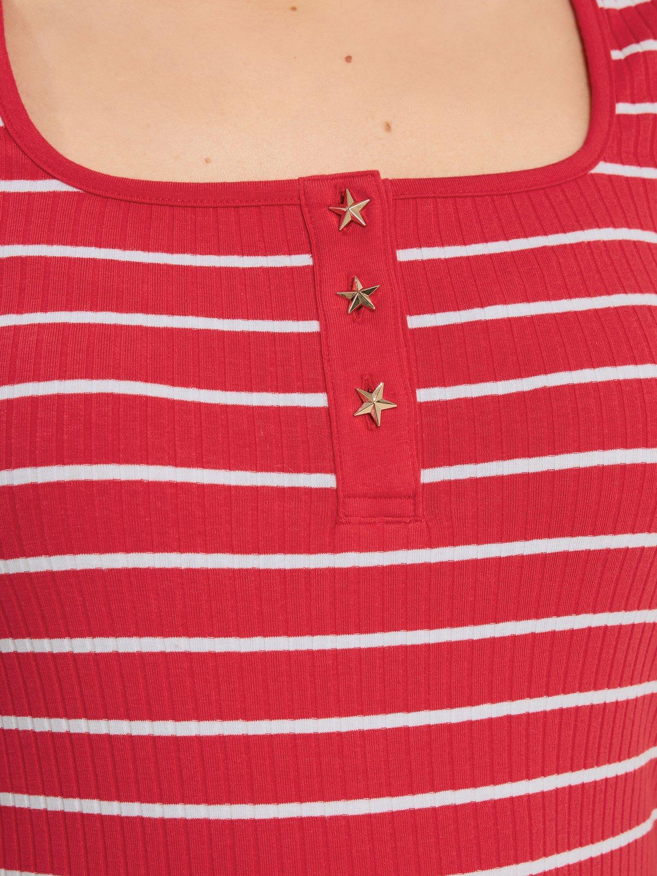 Image 4 of 5 of Long Tall Sally Striped Square Neck Button Detail T-Shirt - Red