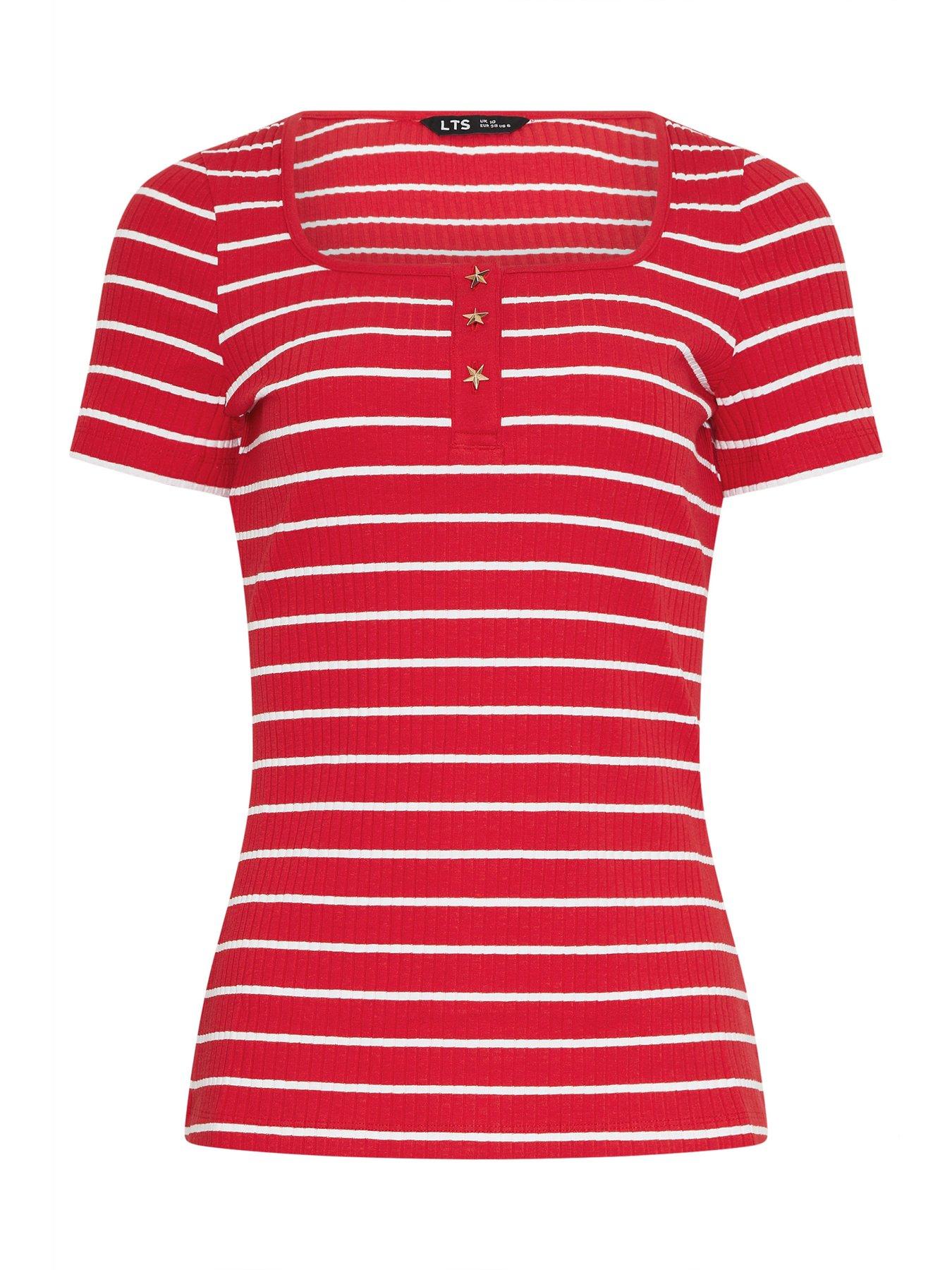 Image 5 of 5 of Long Tall Sally Striped Square Neck Button Detail T-Shirt - Red