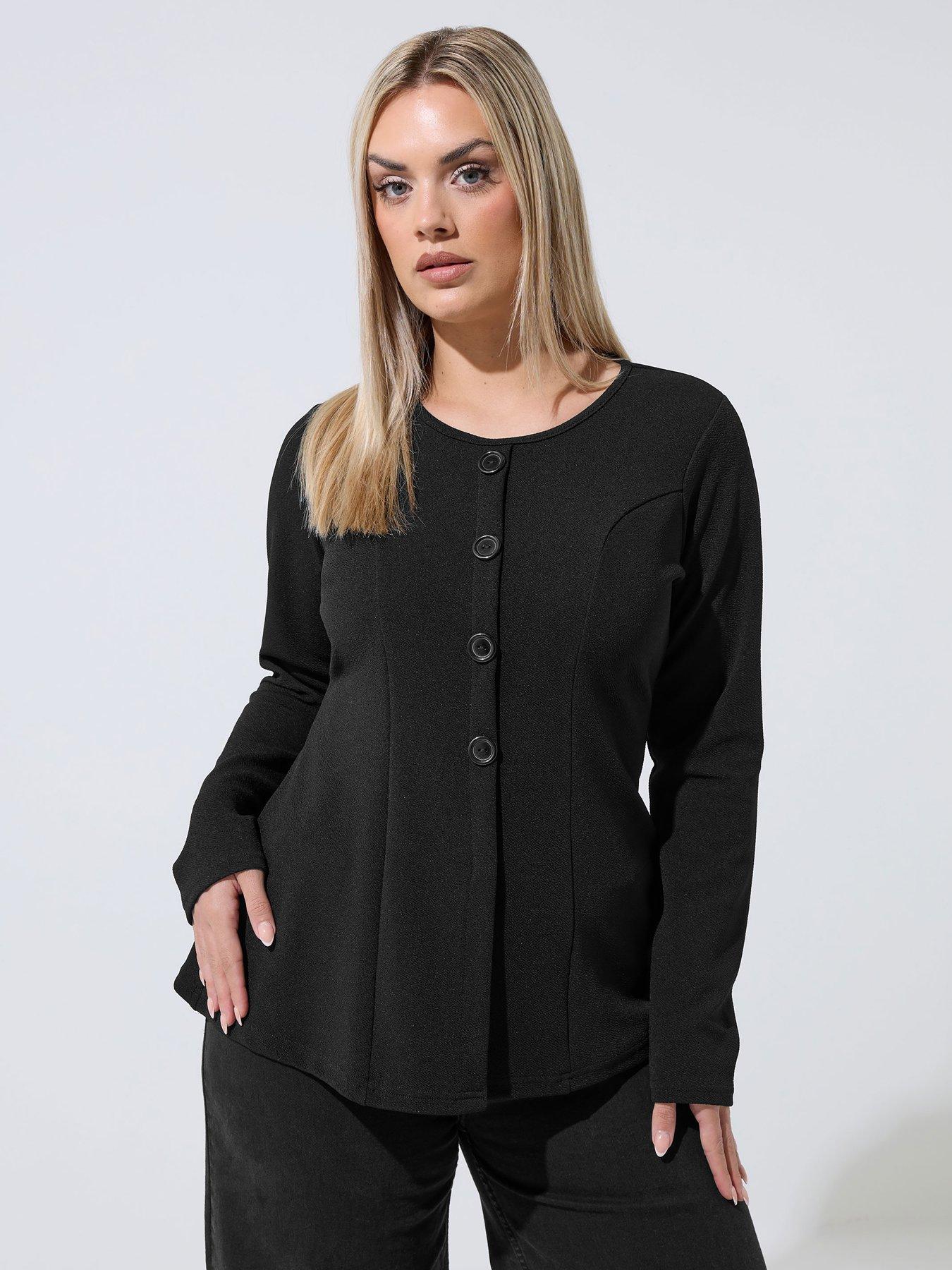 Yours Curve Seam Detail Button Long Sleeve Top - Black