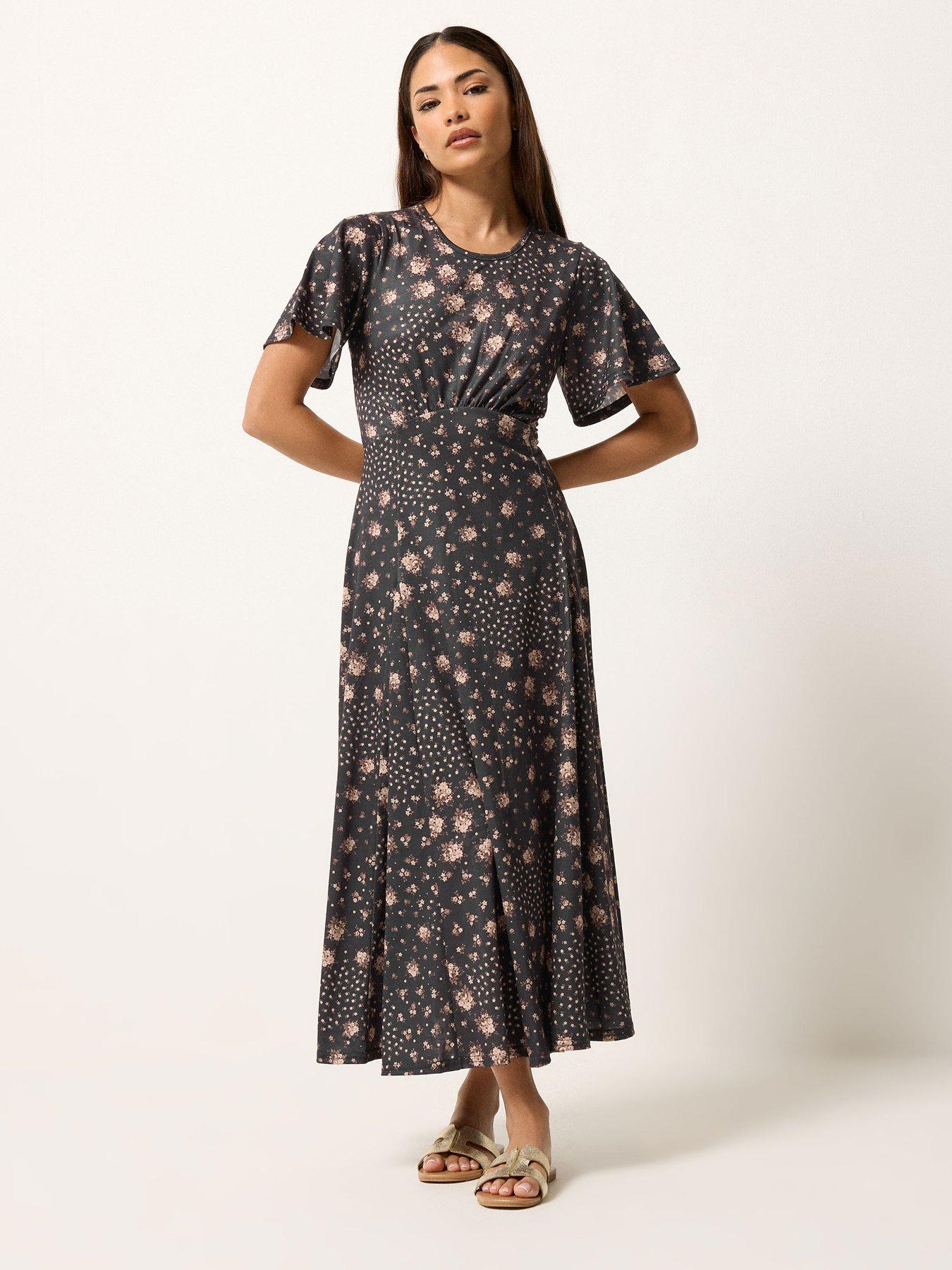 PixieGirl Petite Patchwork Midaxi Dress - Brown