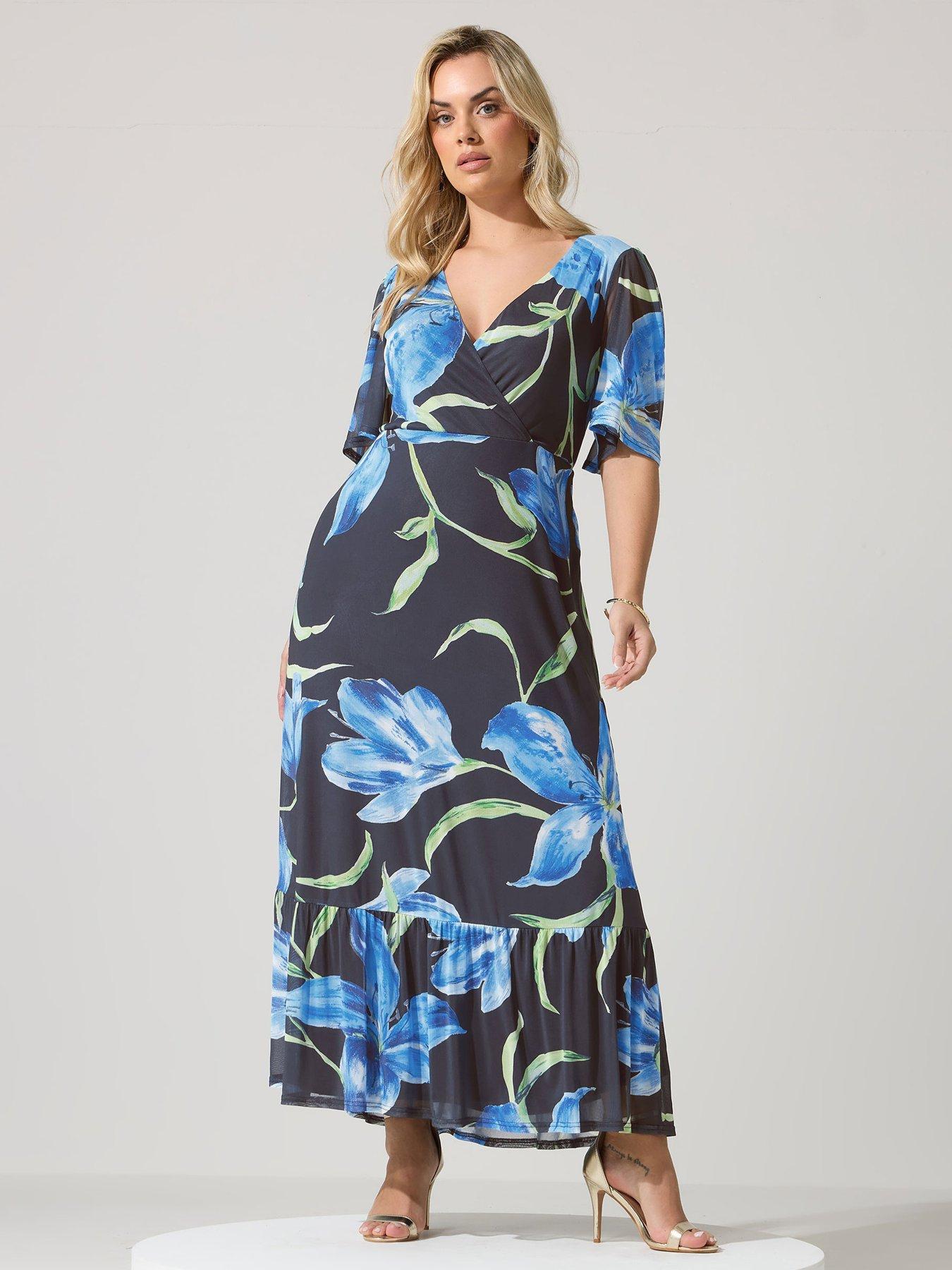 Yours Curve Floral Wrap Ruffle Hem Dress - Blue