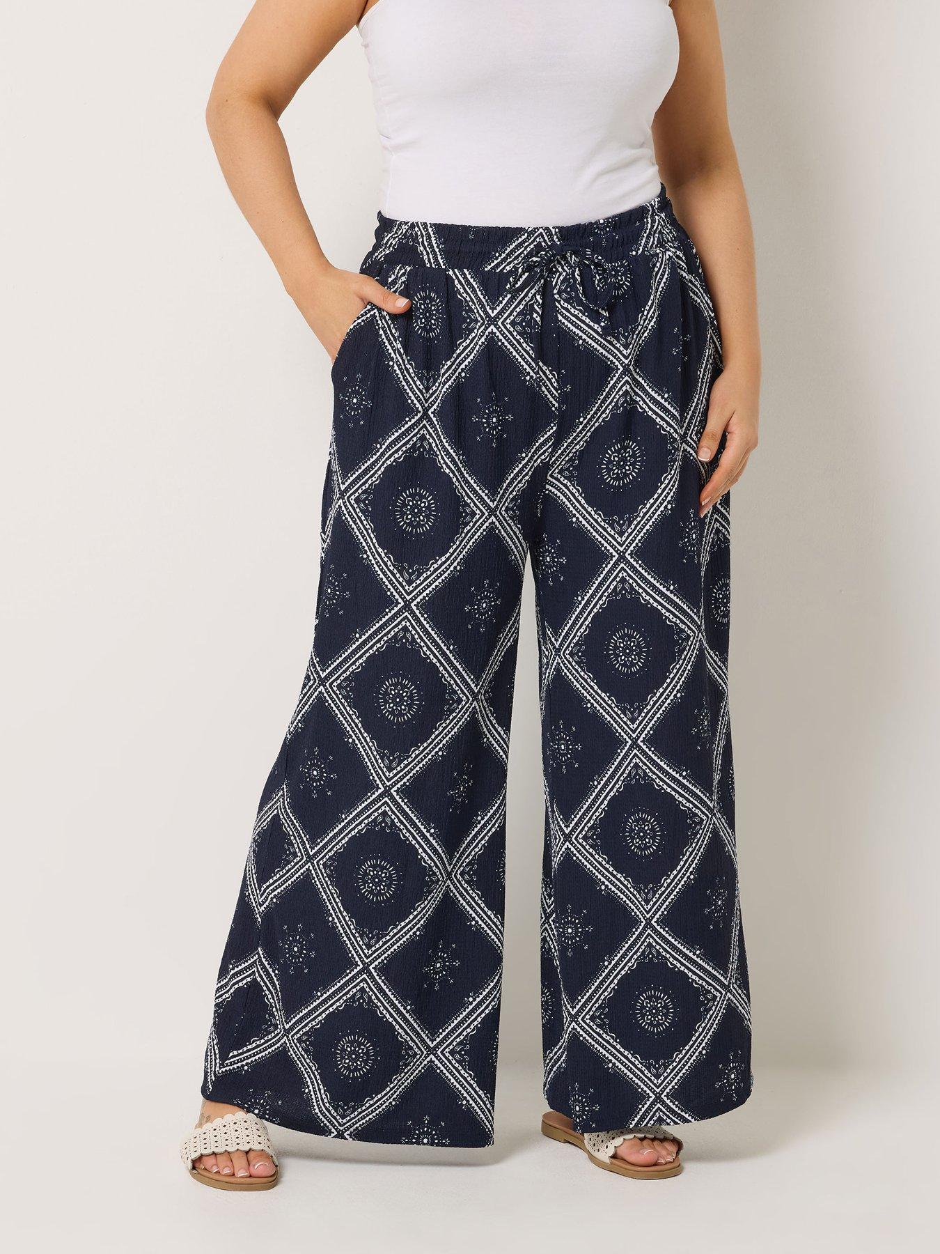 Yours Curve Jersey Wide Leg Bandanna Trousers - Blue