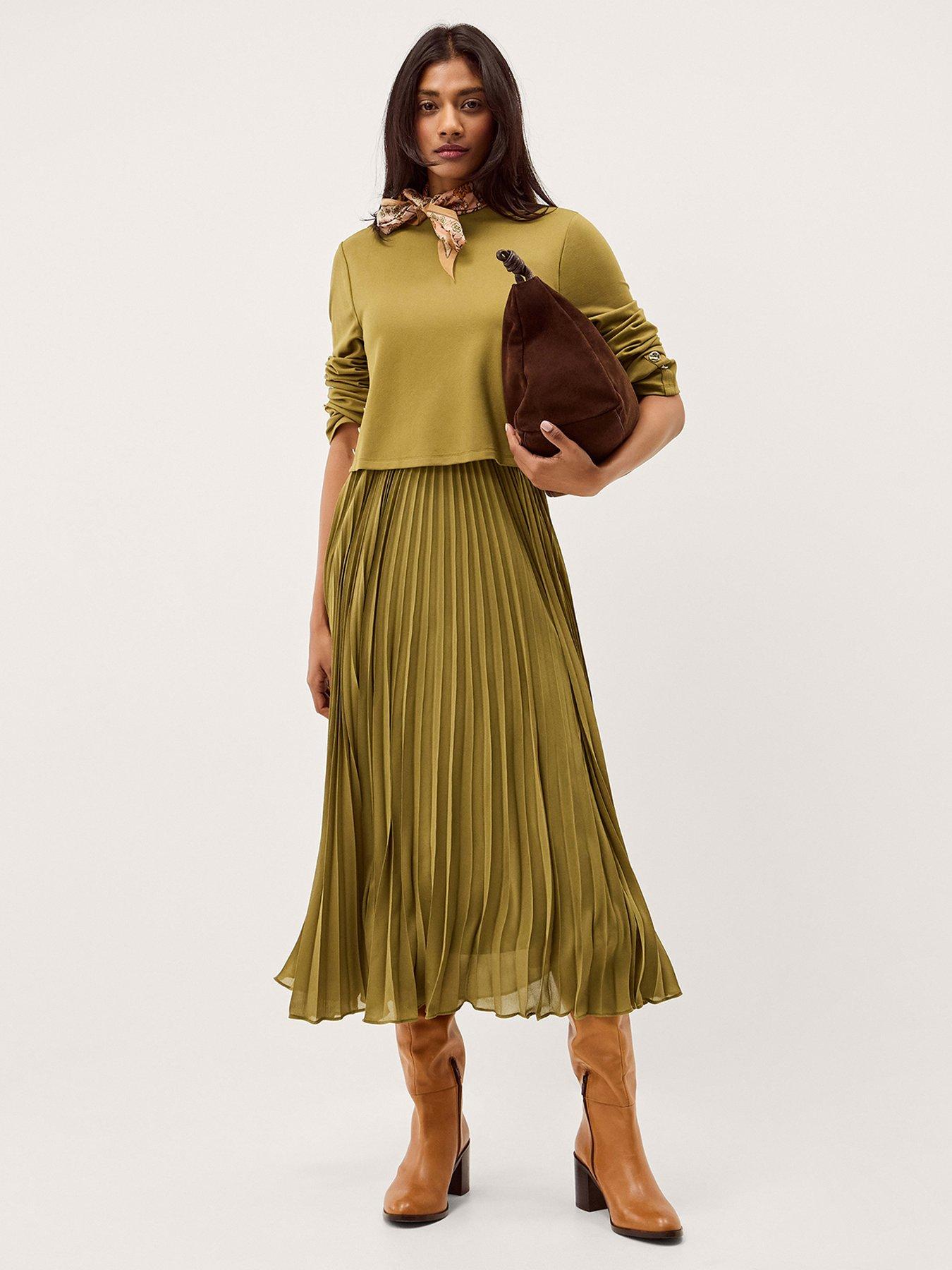 Image 1 of 6 of Monsoon Penny Pleat Dress - Green