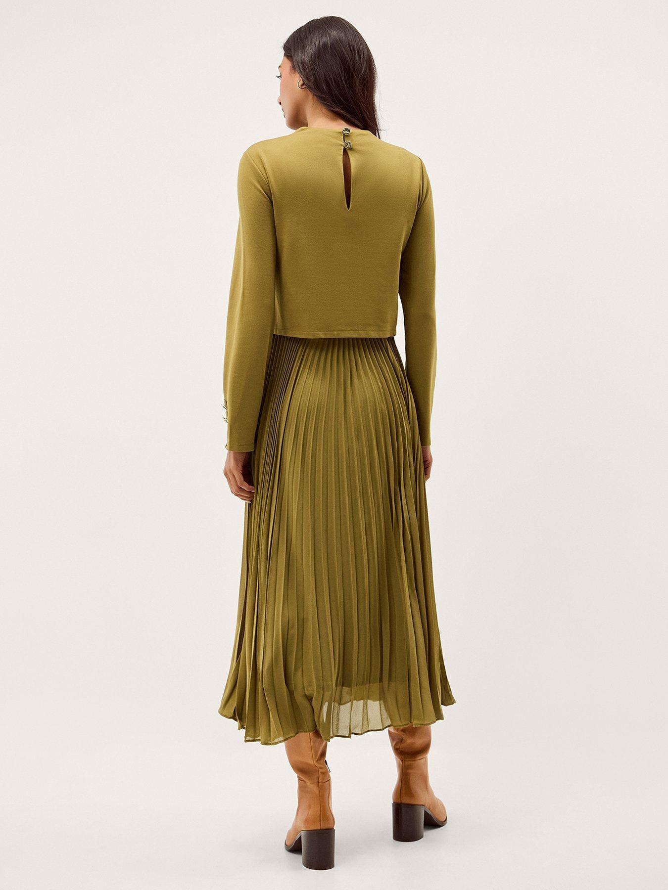 Image 2 of 6 of Monsoon Penny Pleat Dress - Green