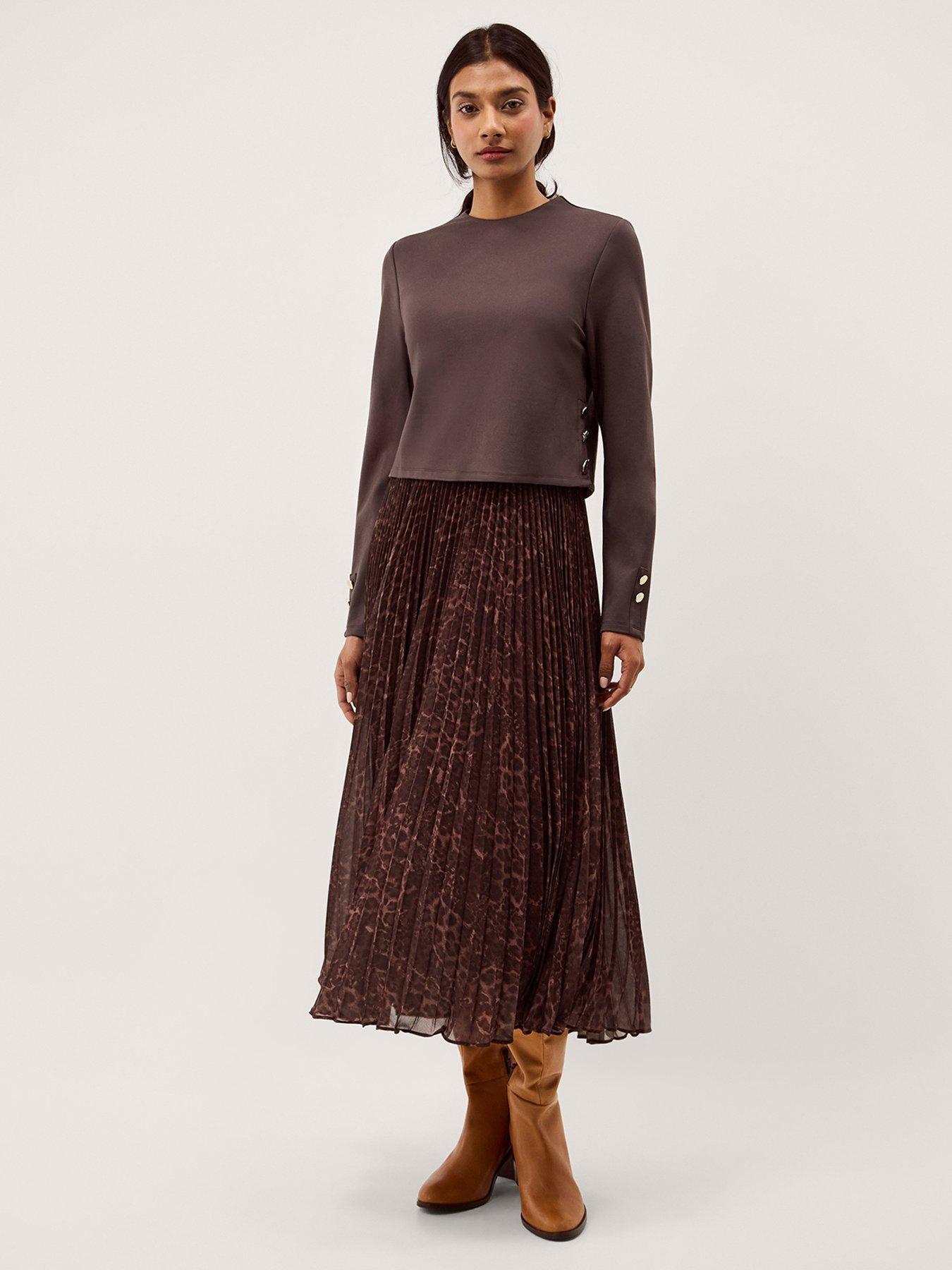  image of monsoon-archi-pleat-dress-brown