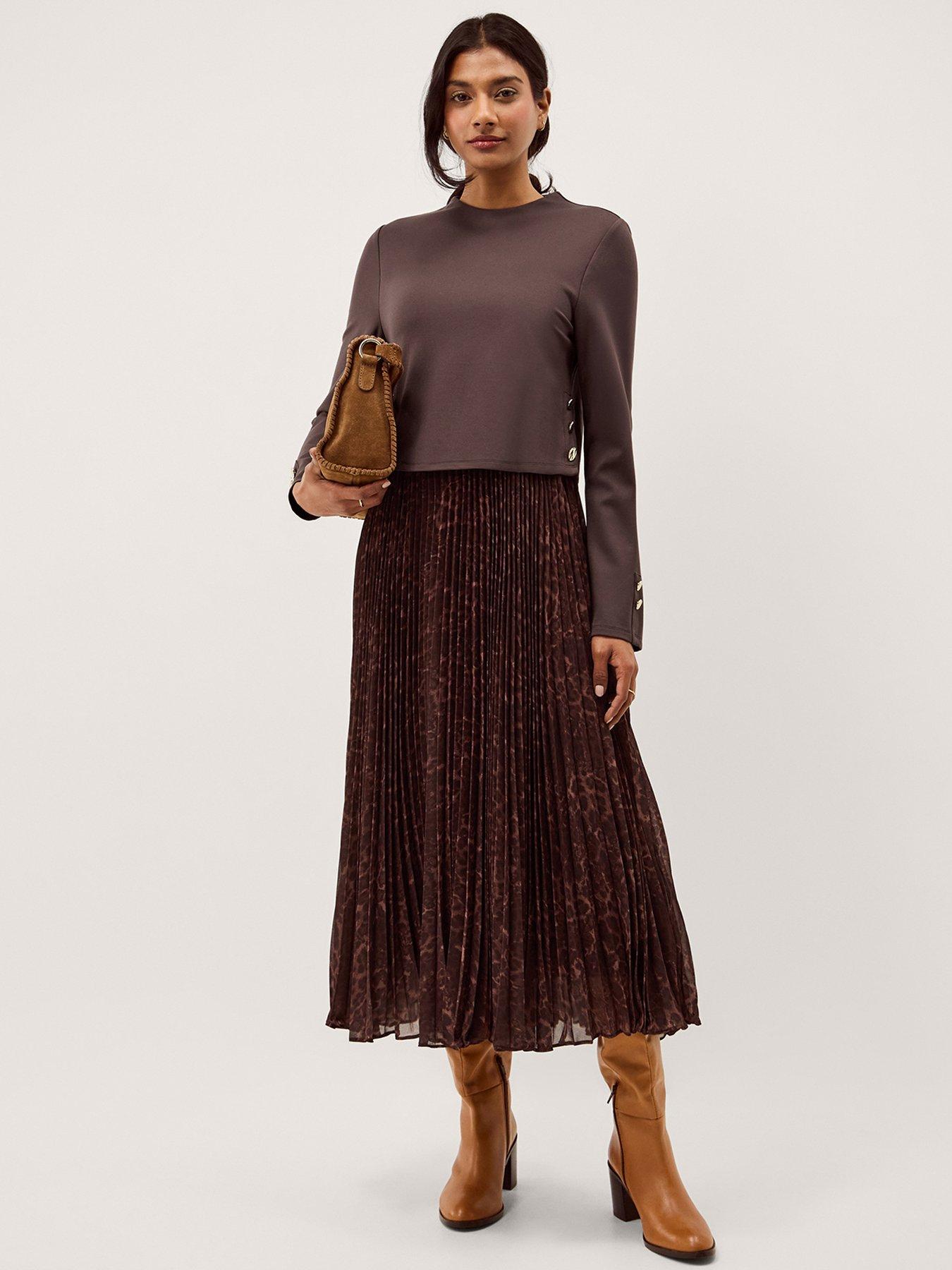  image of monsoon-archi-pleat-dress-brown