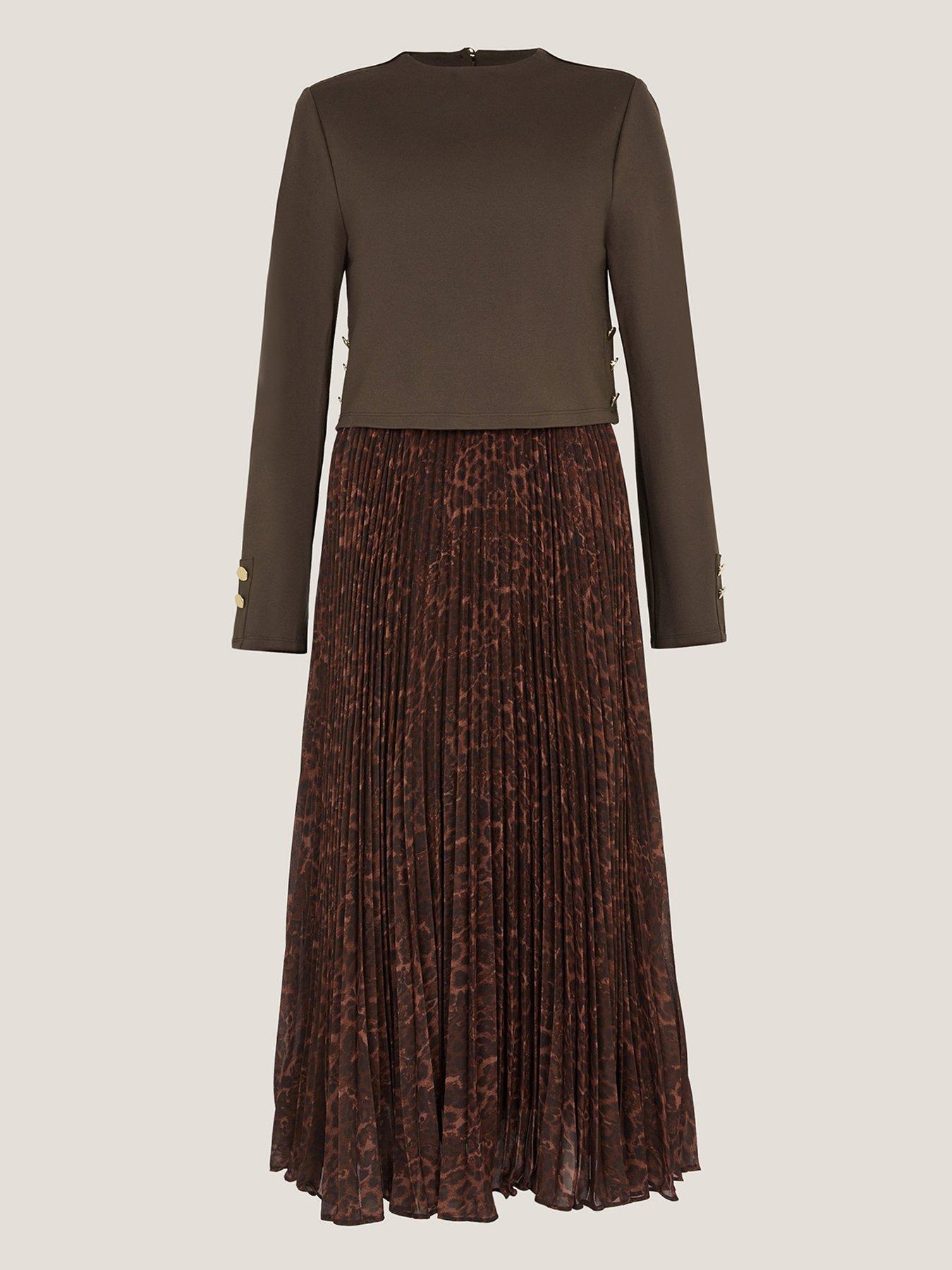  image of monsoon-archi-pleat-dress-brown