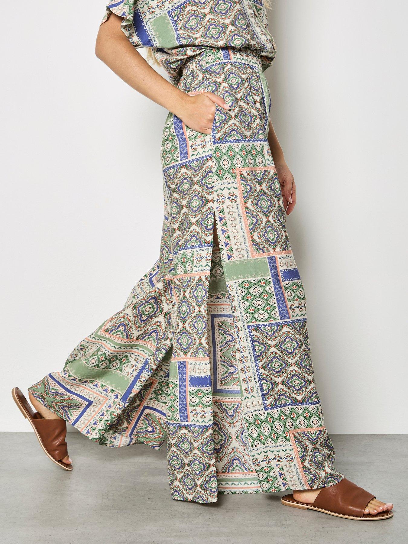  image of apricot-apricot-scarf-print-side-split-trousers