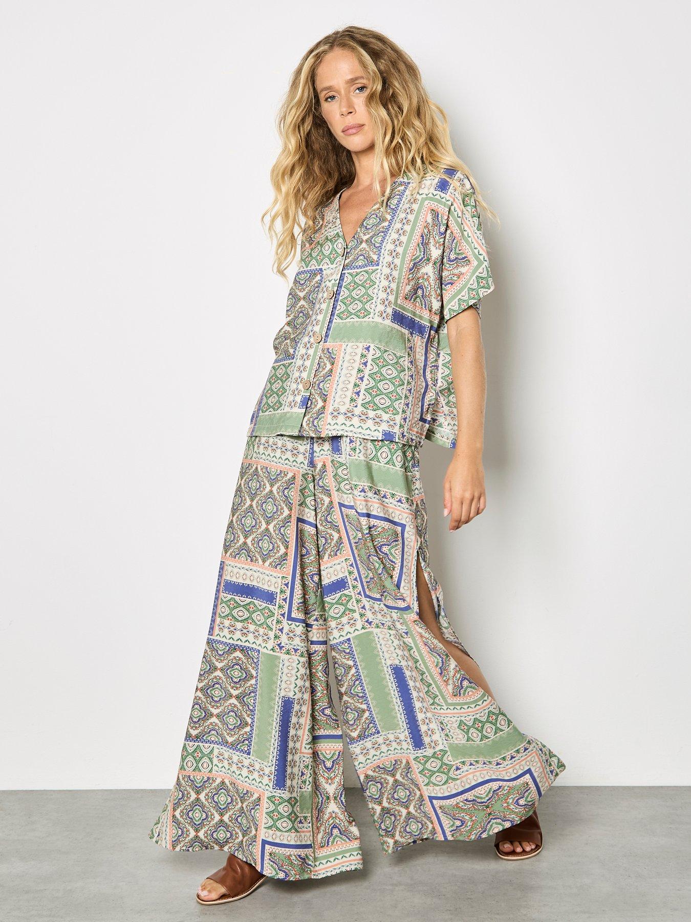  image of apricot-apricot-scarf-print-side-split-trousers
