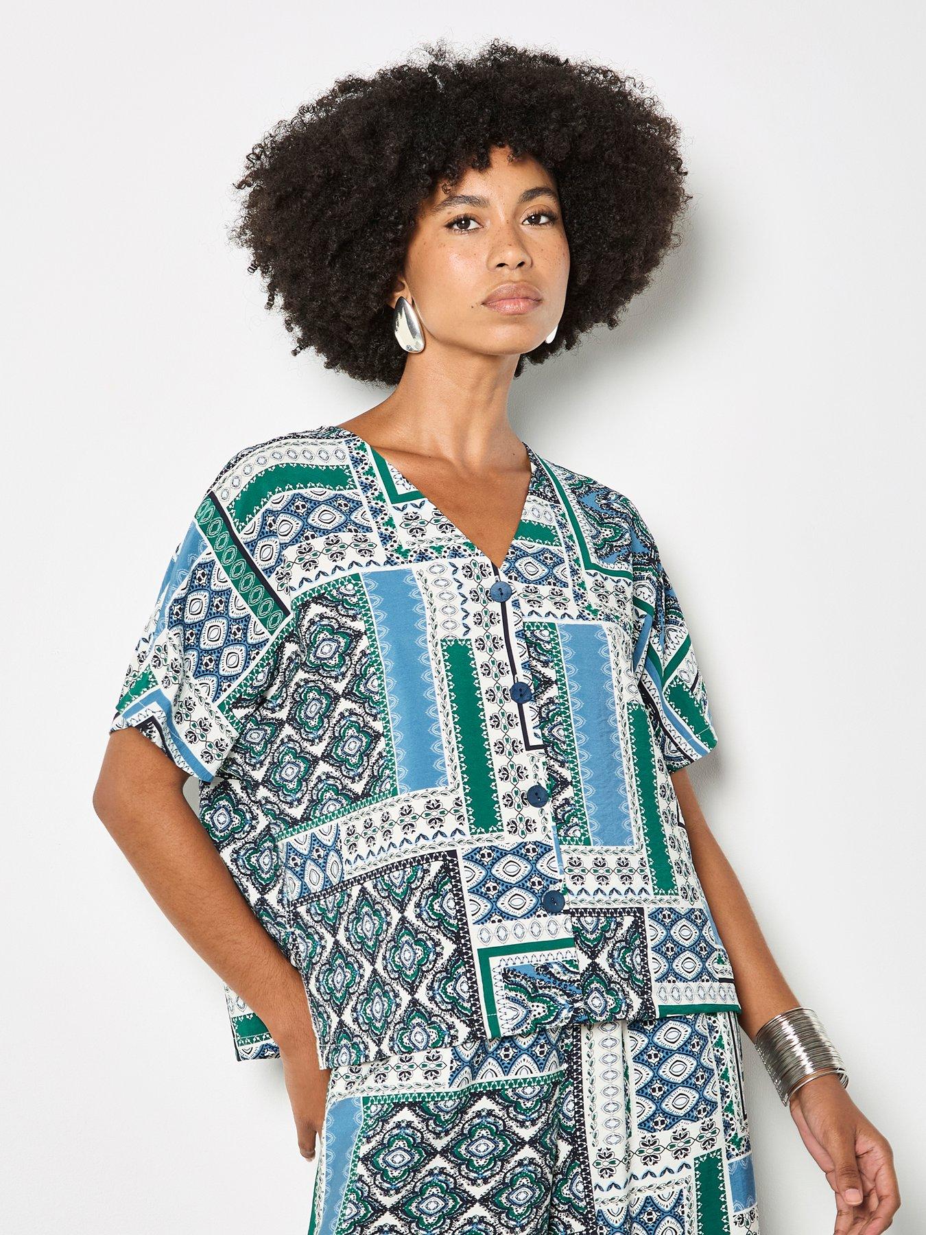 front image of apricot-apricot-scarf-print-button-front-top