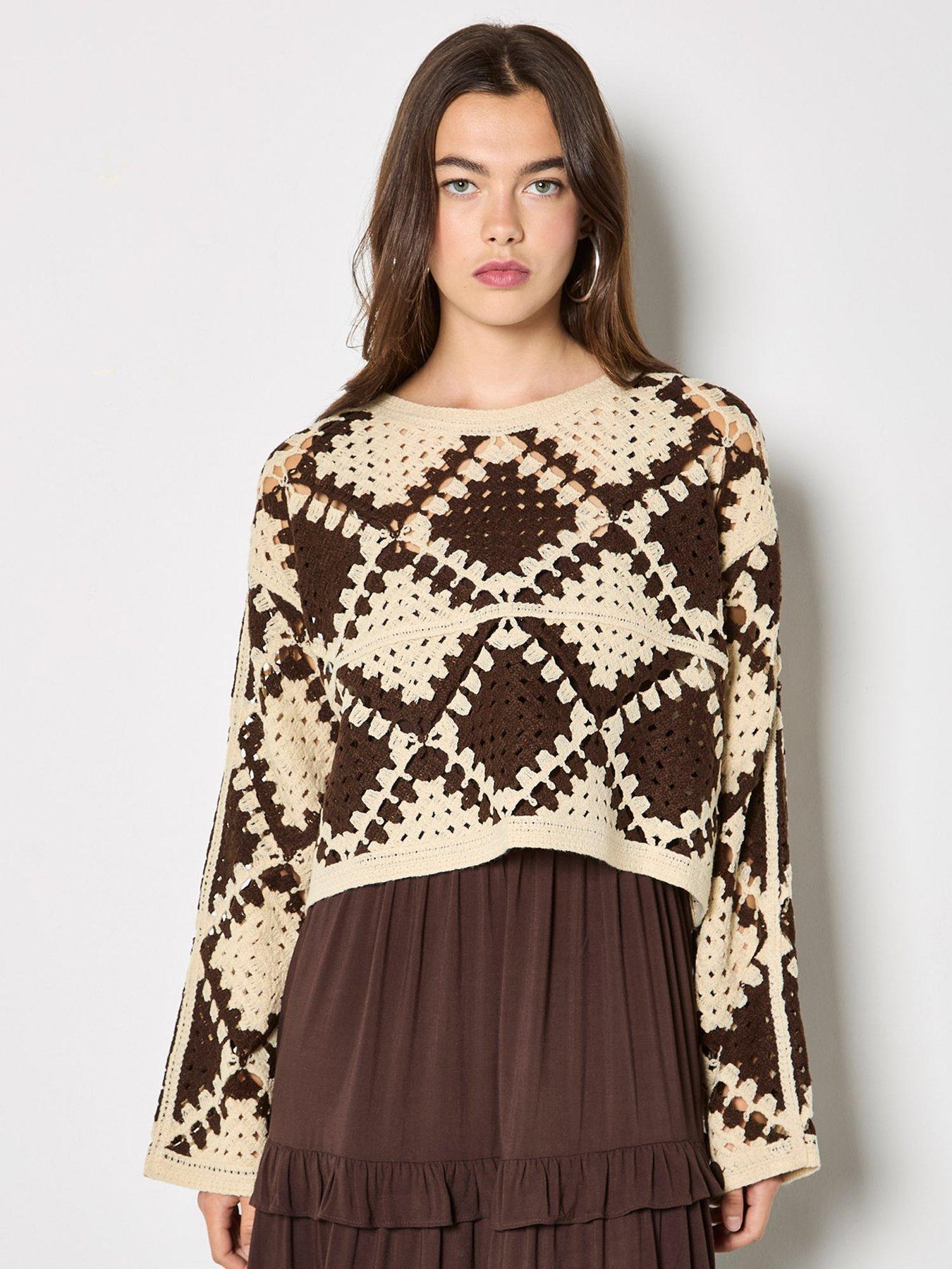 front image of apricot-crochet-oversize-diamonds-jumper