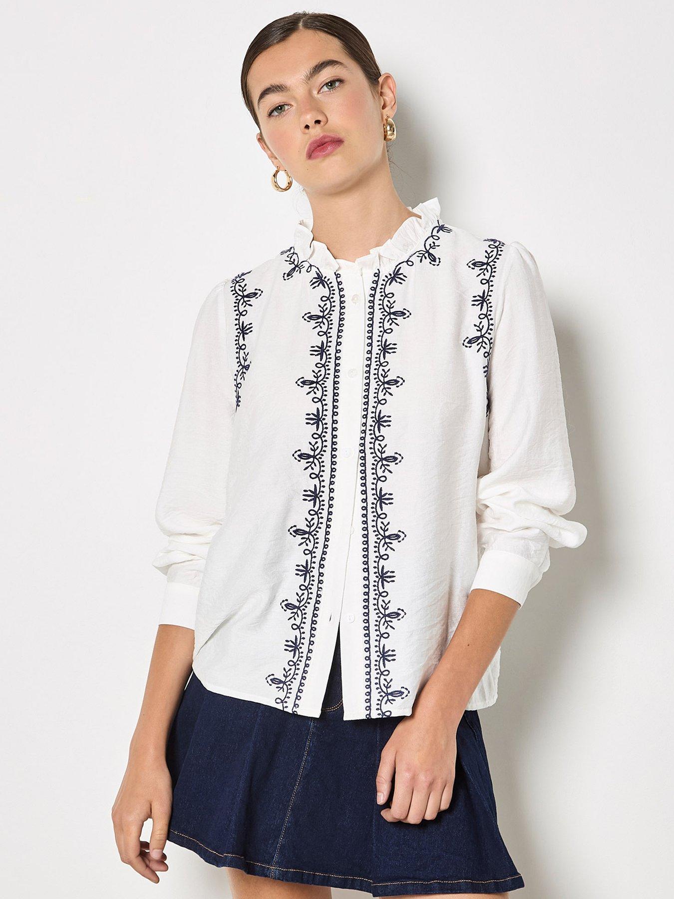 Apricot Apricot Ruffle Neck Embroidered Blouse