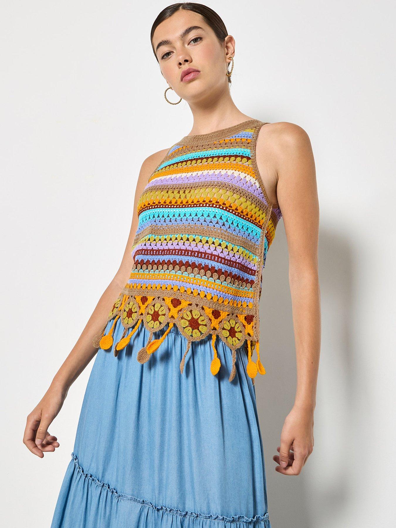 front image of apricot-multi-stripe-tassle-crochet-top