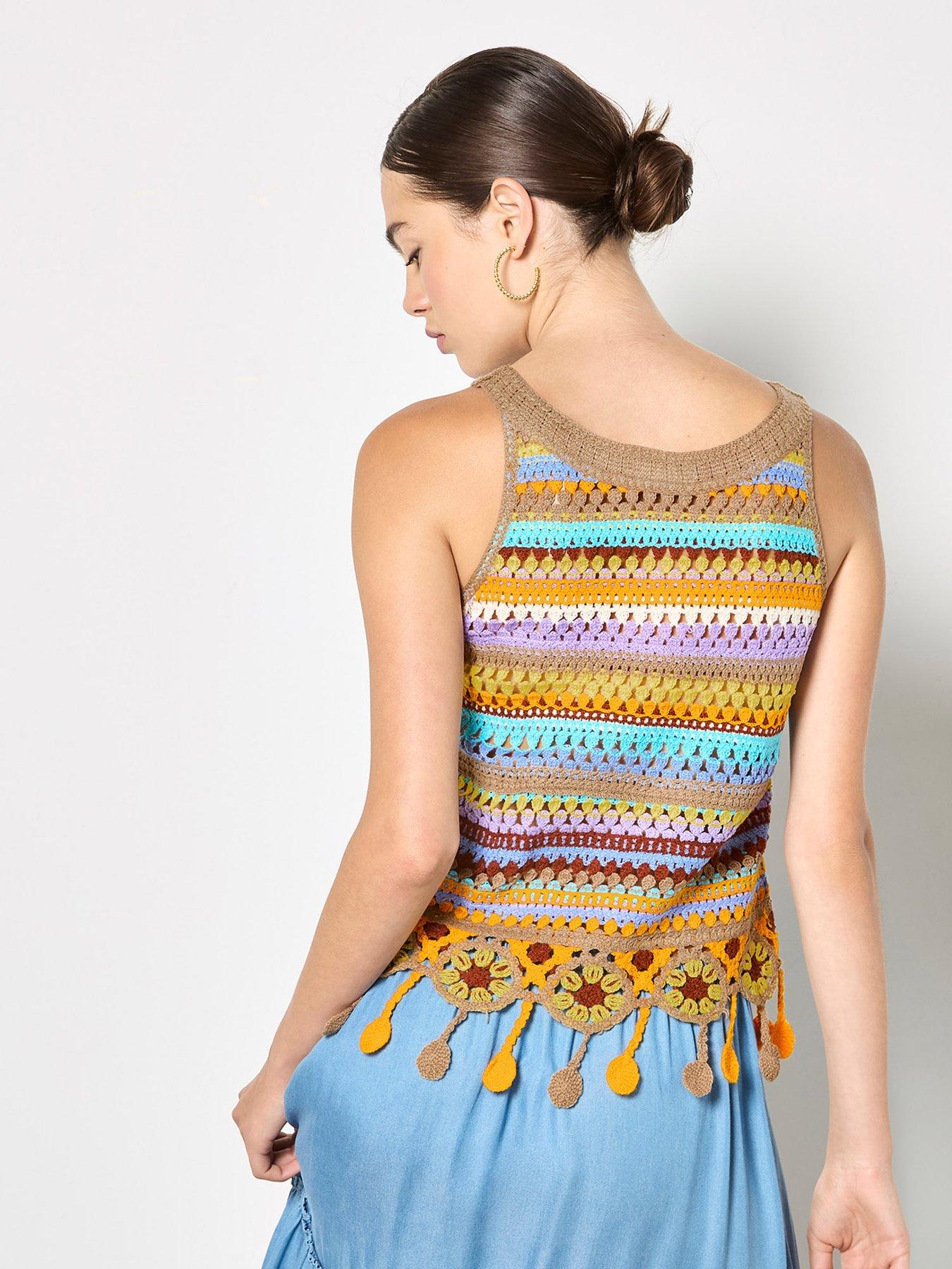  image of apricot-multi-stripe-tassle-crochet-top