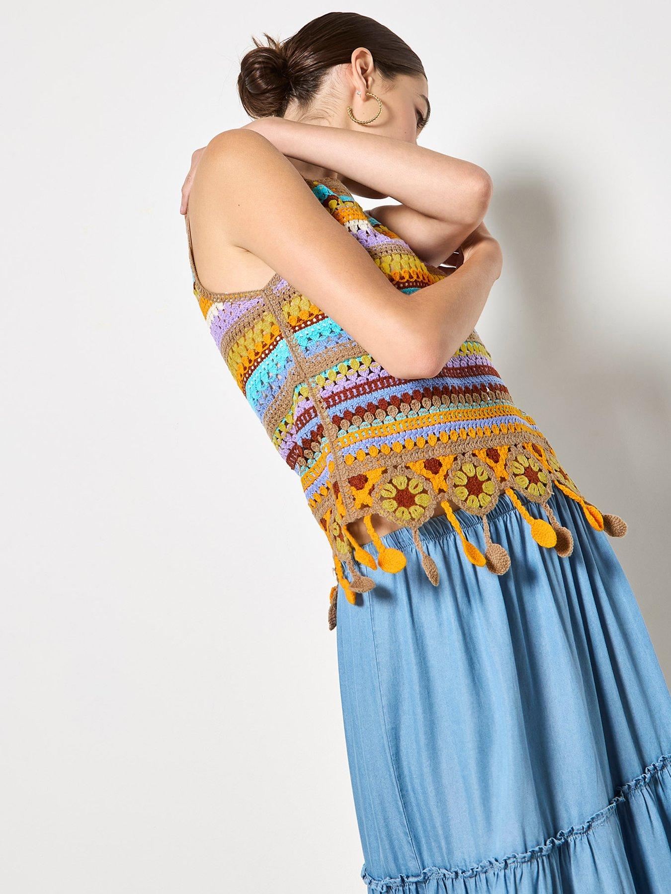  image of apricot-multi-stripe-tassle-crochet-top