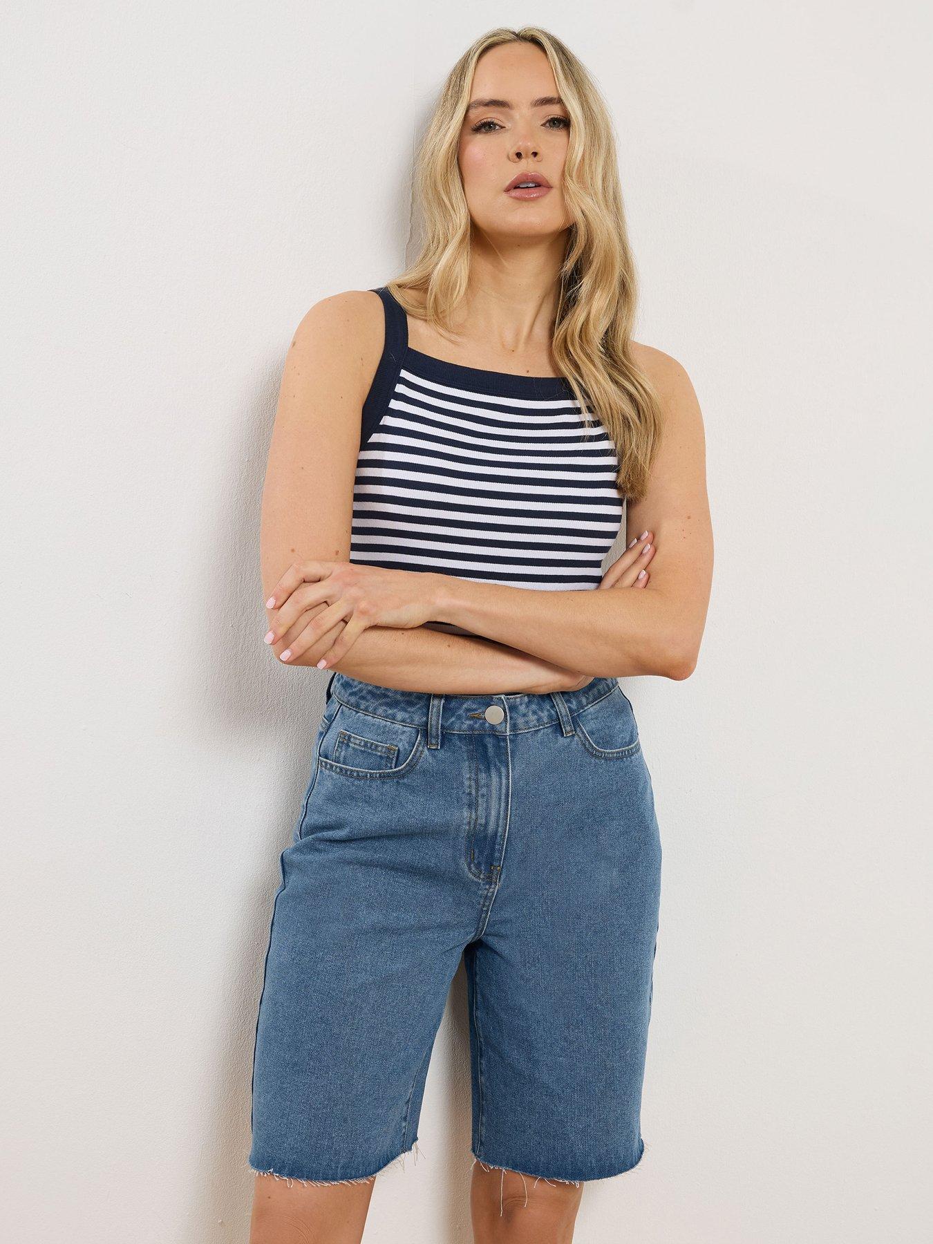 front image of long-tall-sally-pull-on-denim-bermuda-short-blue