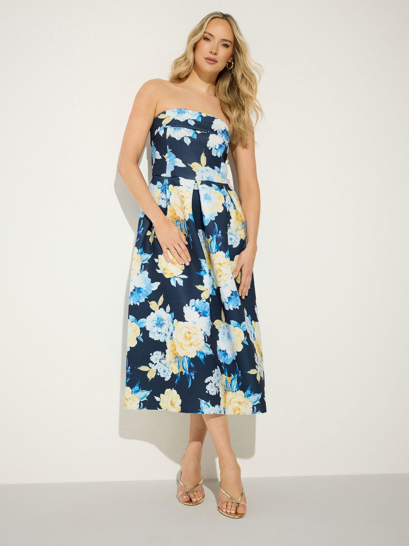 Long Tall Sally Floral Pleat Bardot Dress - Blue
