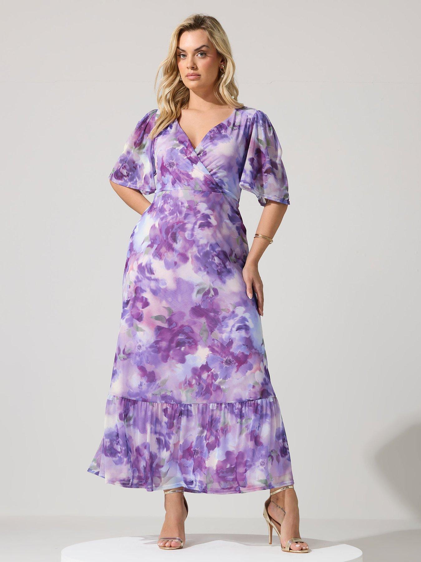 Yours Curve Blur Floral Print Wrap Ruffle Hem Dress