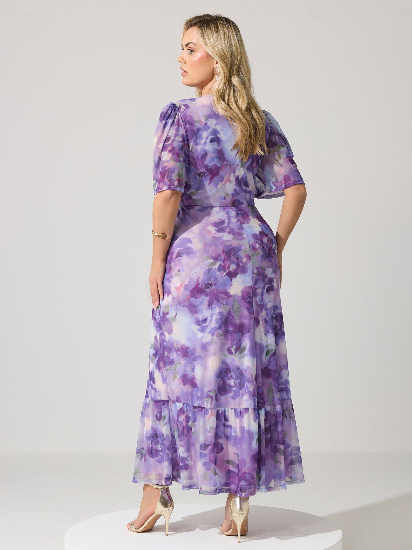 Image 2 of 5 of Yours Curve Blur Floral Print Wrap Ruffle Hem Dress - Purple
