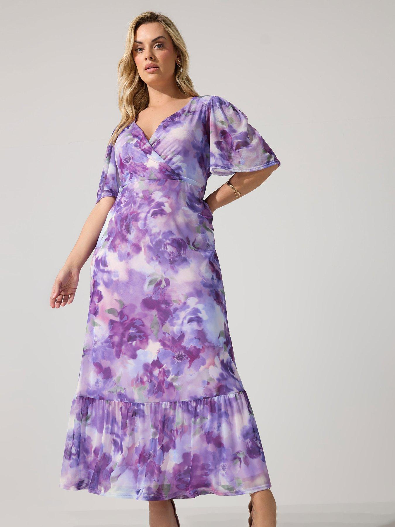 Image 3 of 5 of Yours Curve Blur Floral Print Wrap Ruffle Hem Dress - Purple