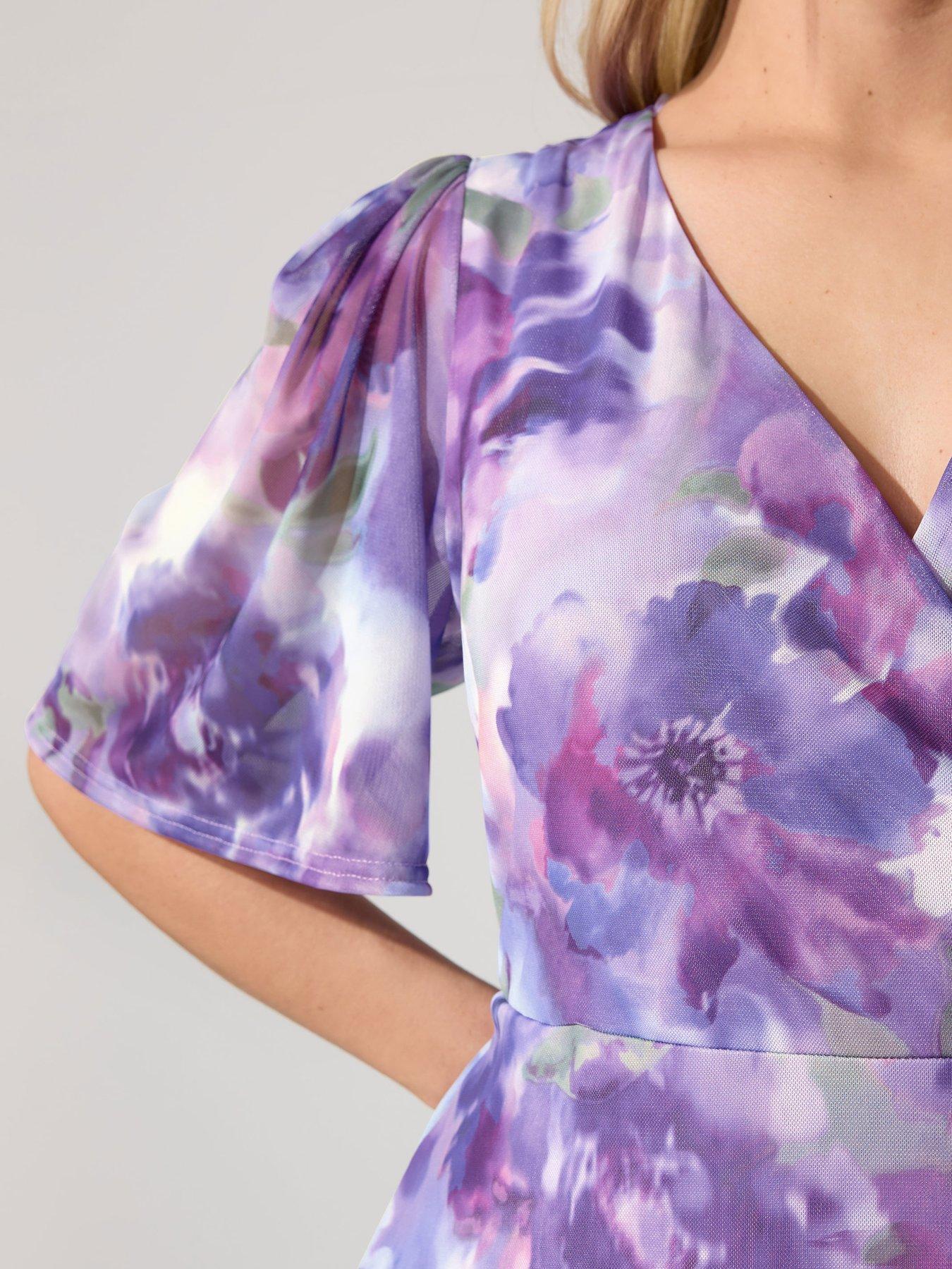 Image 4 of 5 of Yours Curve Blur Floral Print Wrap Ruffle Hem Dress - Purple