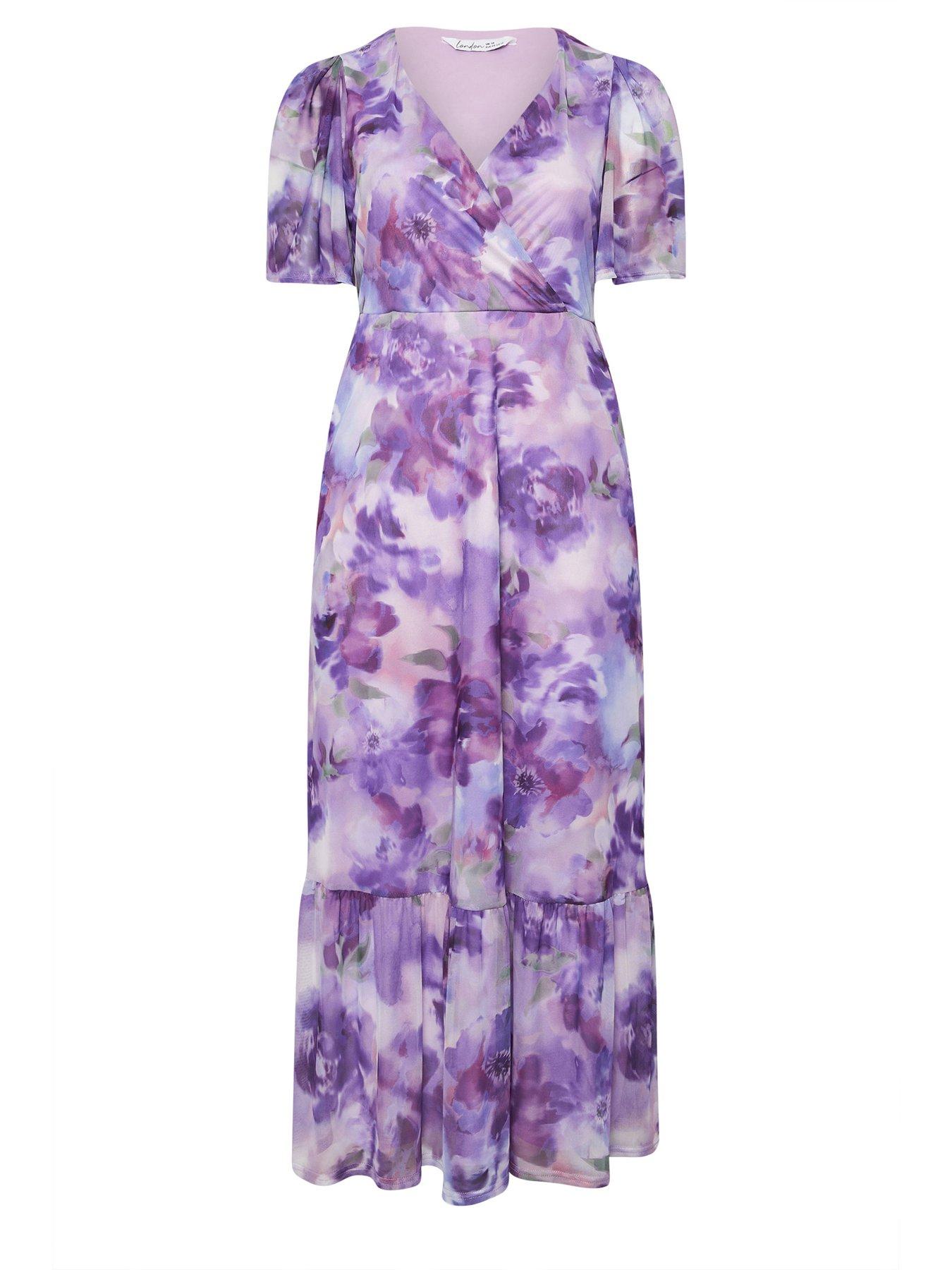 Image 5 of 5 of Yours Curve Blur Floral Print Wrap Ruffle Hem Dress - Purple
