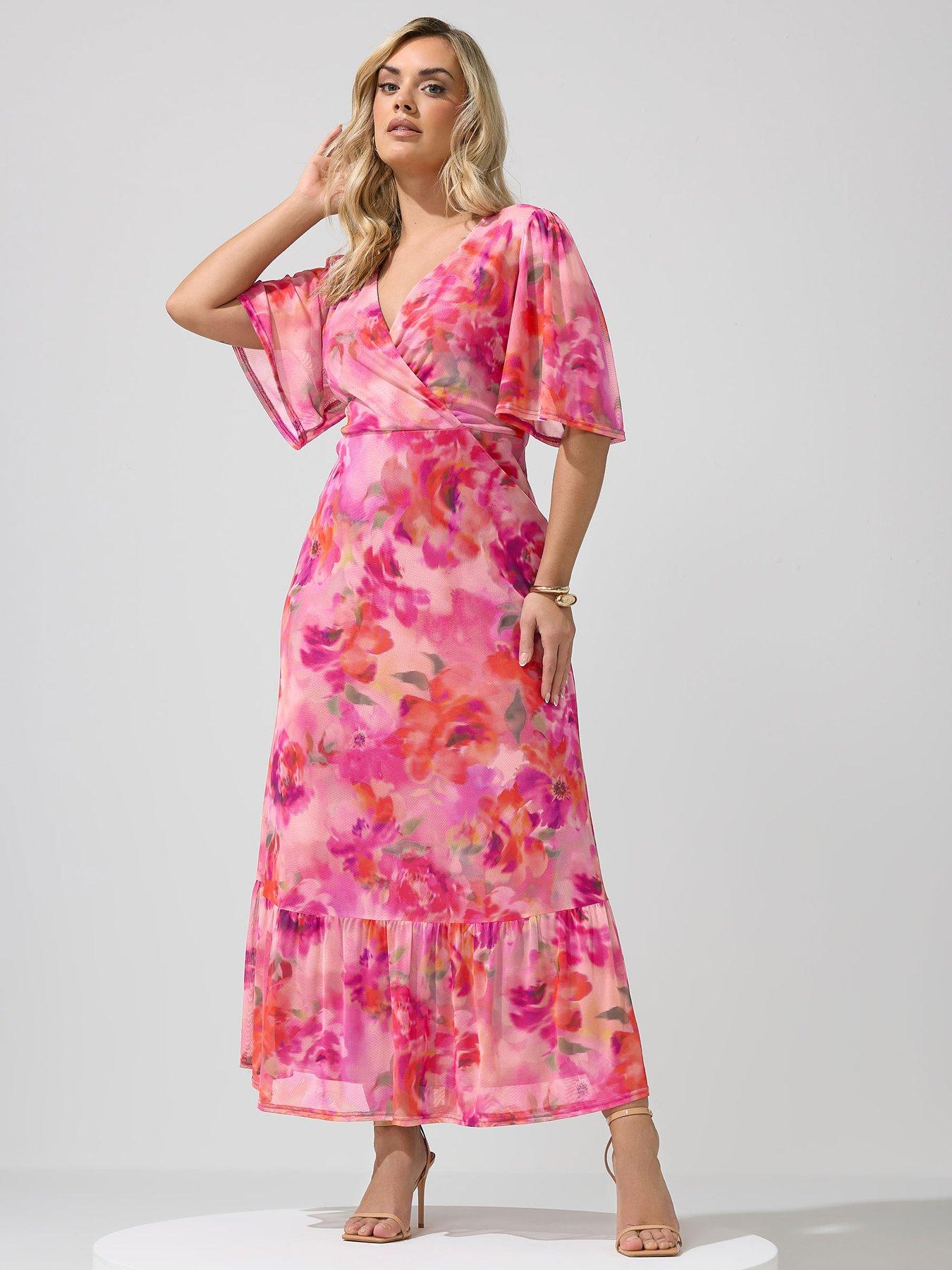 Yours Curve Blur Floral Print Wrap Ruffle Hem Dress