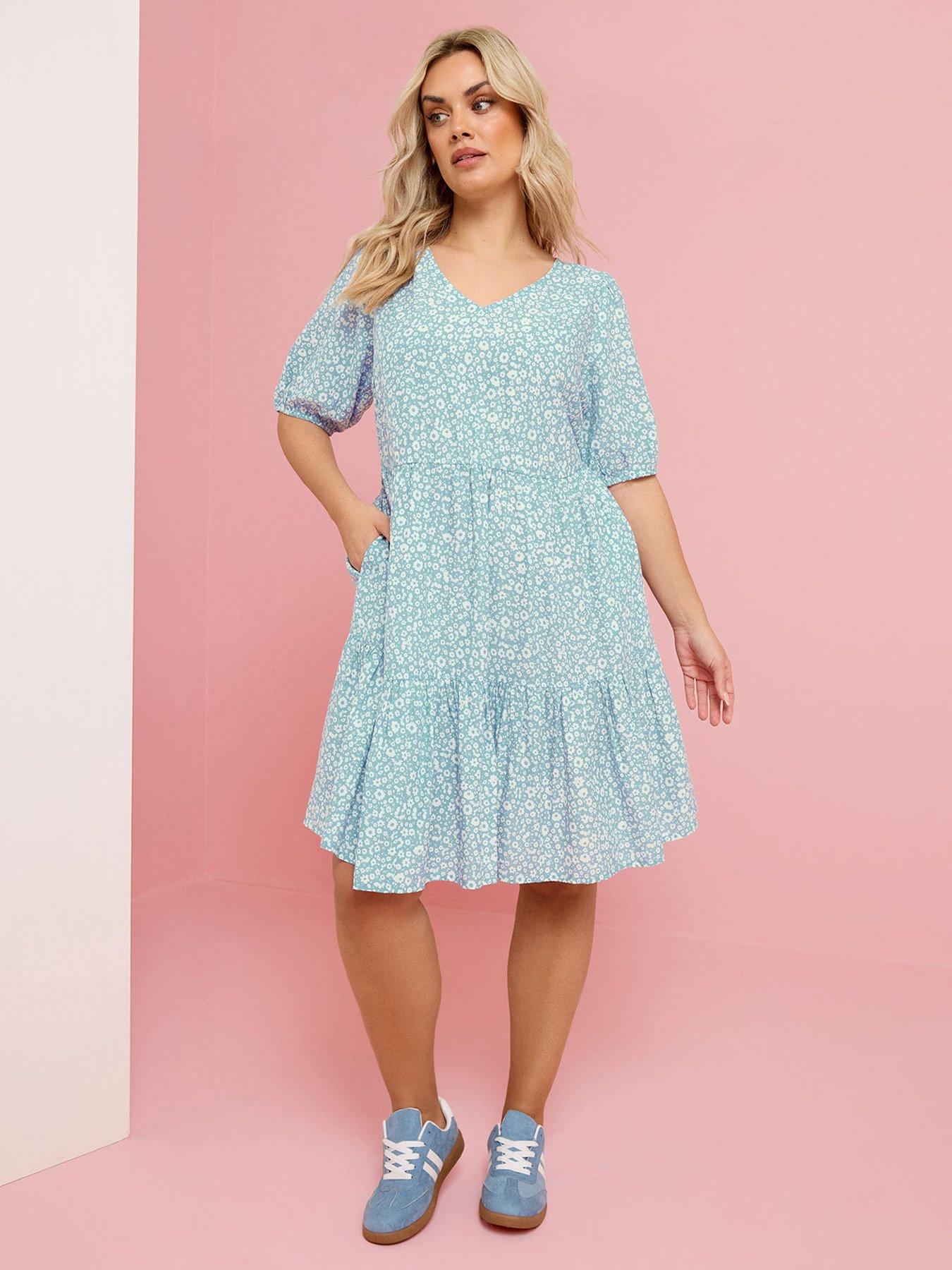 Yours Curve Tiered Smock Dress - Blue