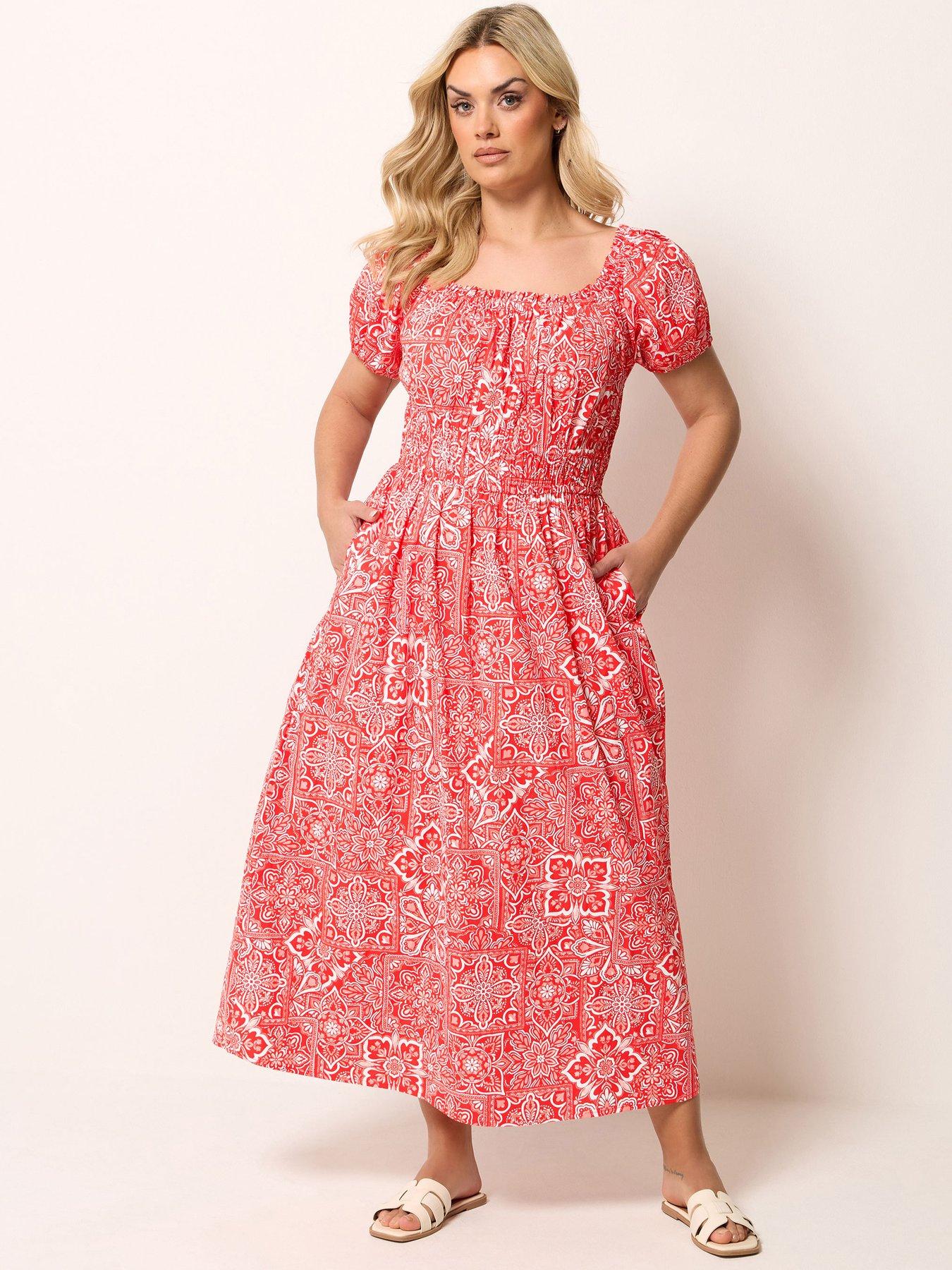 Yours Curve Poplin Midaxi Bardot Dress - Red