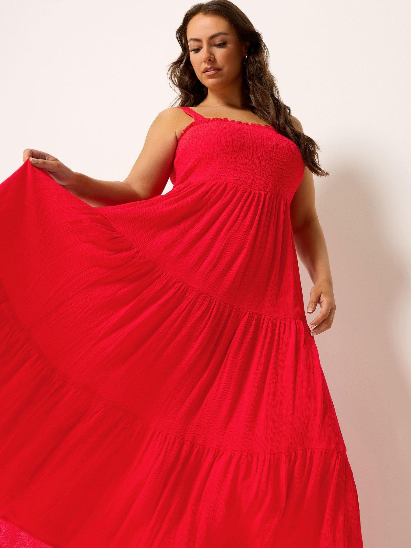 Yours Curve Shirred Strappy Maxi Dress - Red