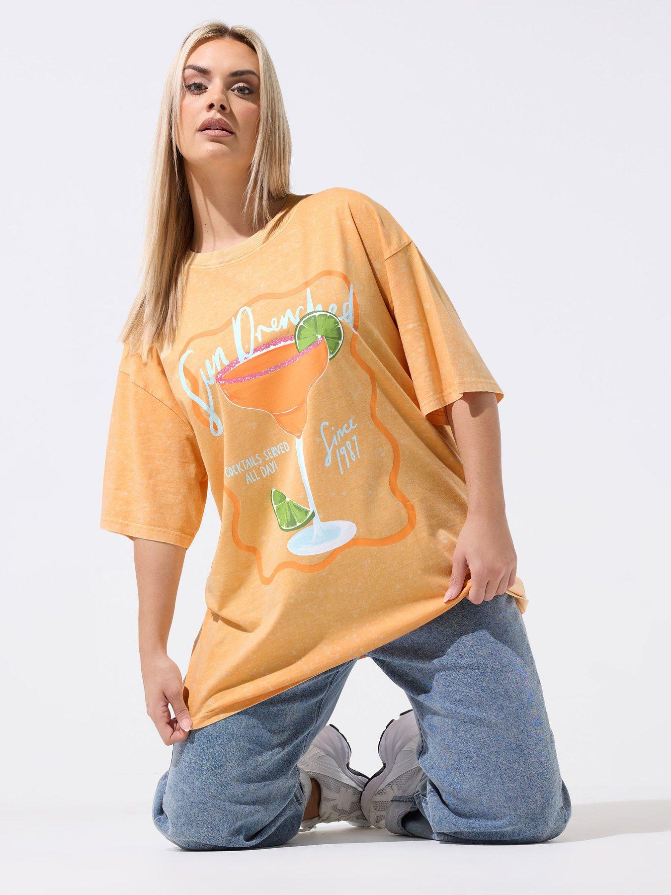 Yours Curve Cocktail Print Acid Wash Longline T-Shirt - Orange
