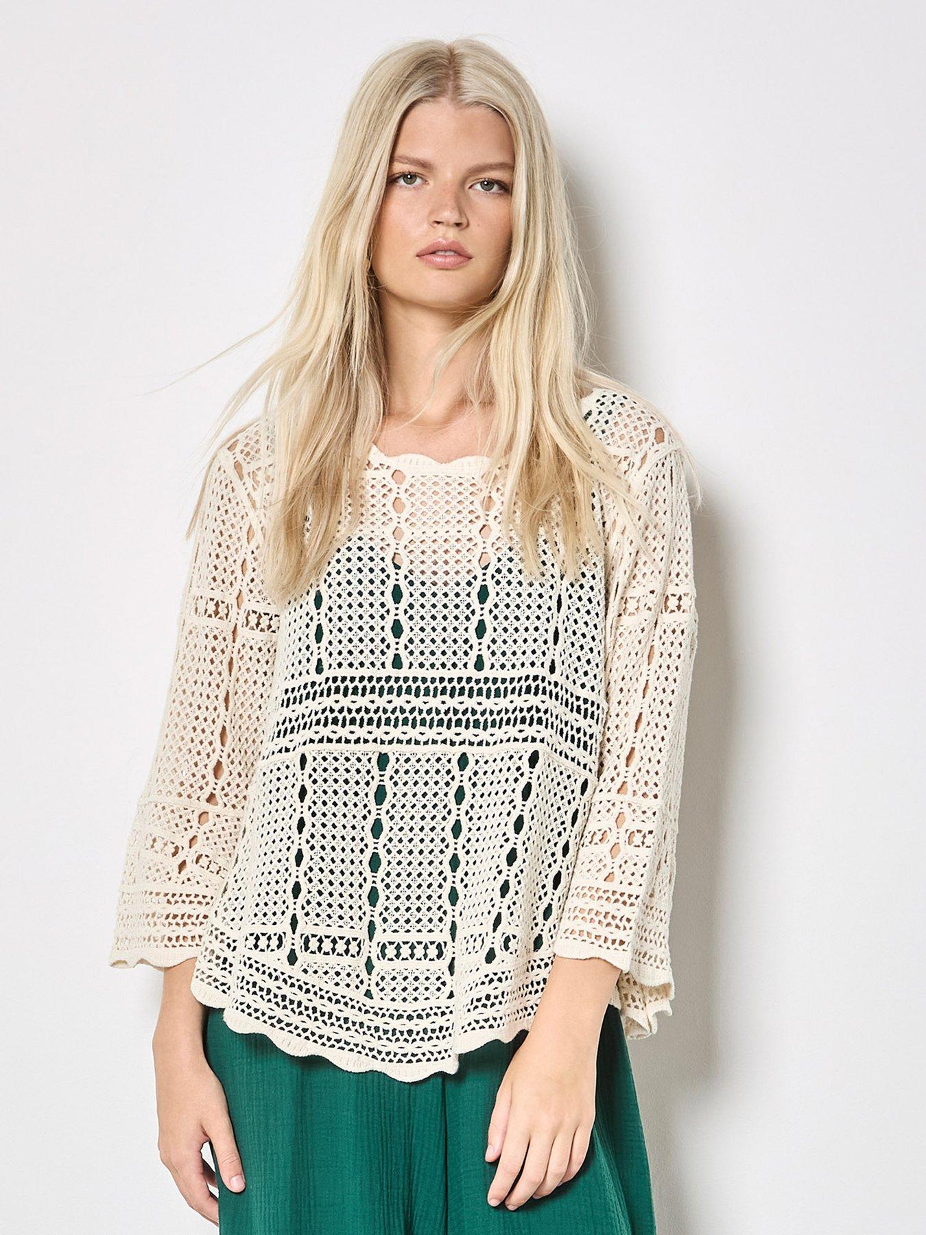 front image of apricot-effortless-crochet-bell-slv-top