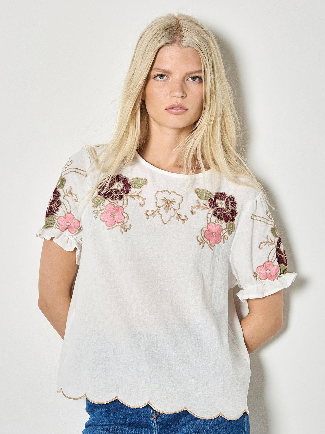 Apricot Apricot Floral Embroid Ruffle Slv Top