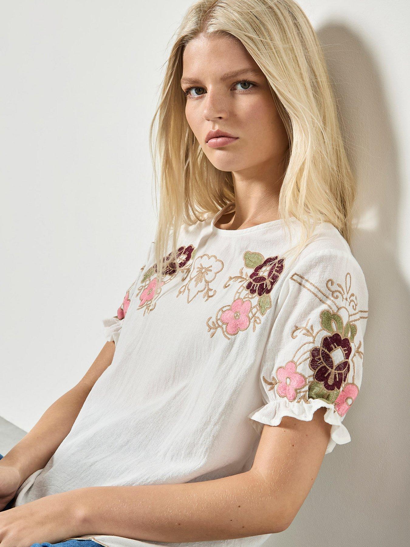 Image 4 of 4 of Apricot Floral Embroid Ruffle Slv Top