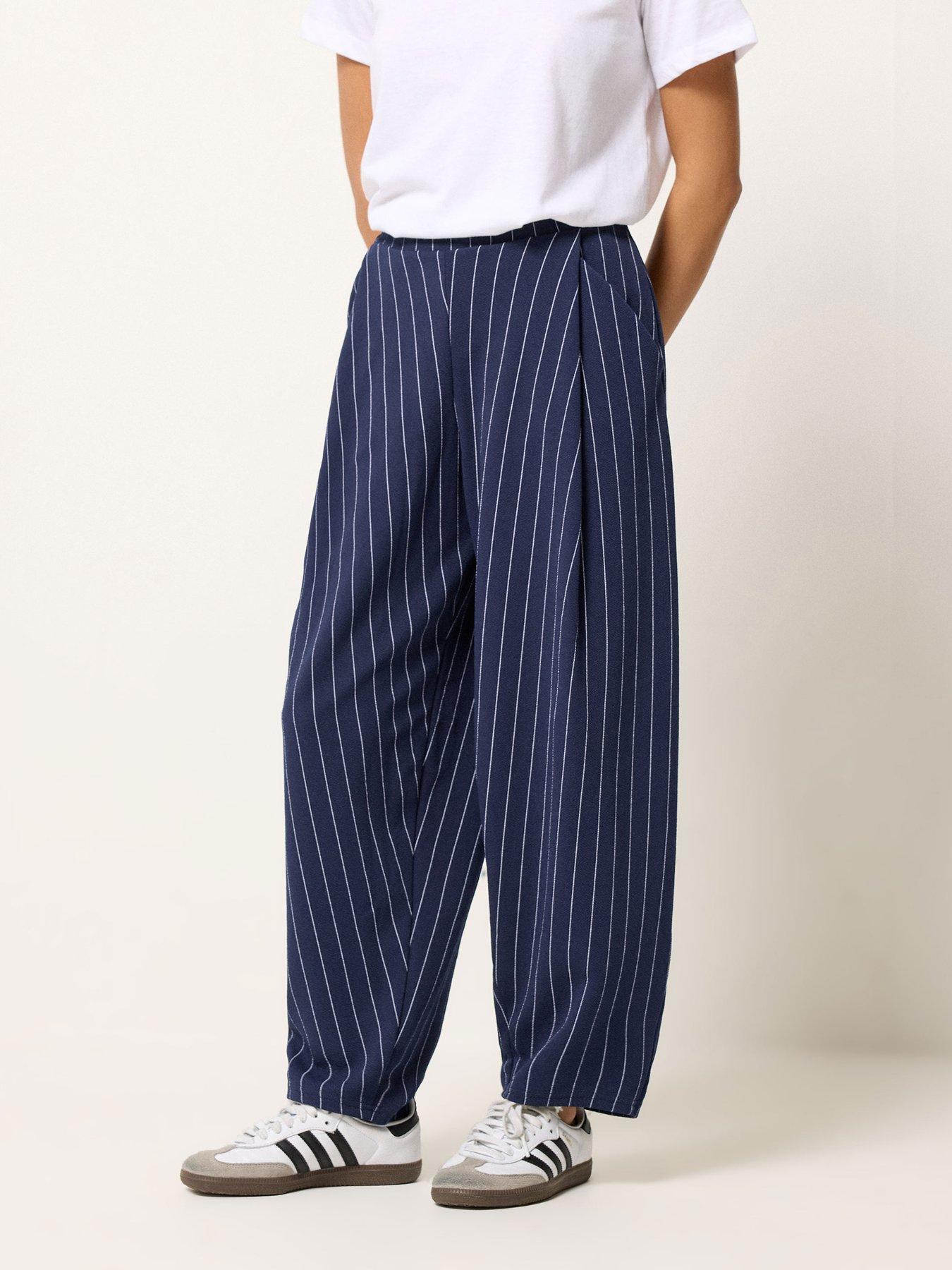 front image of pixiegirl-petite-pinstripe-barrel-trousers-blue