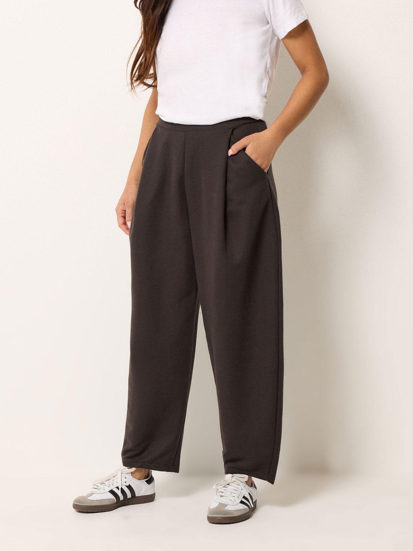 Image 1 of 5 of PixieGirl Petite Textured Jersey Barrel Trousers - Brown
