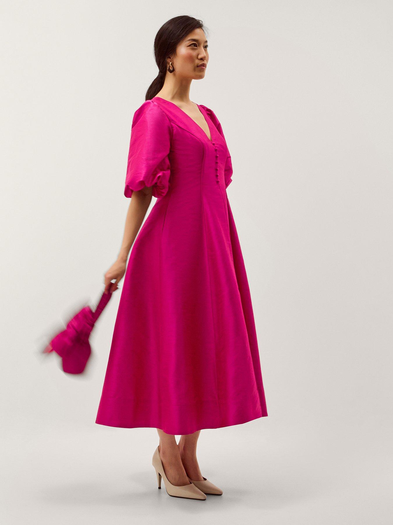 Monsoon Beatrice Puff Sleeve A-Line Midi Dress - Pink