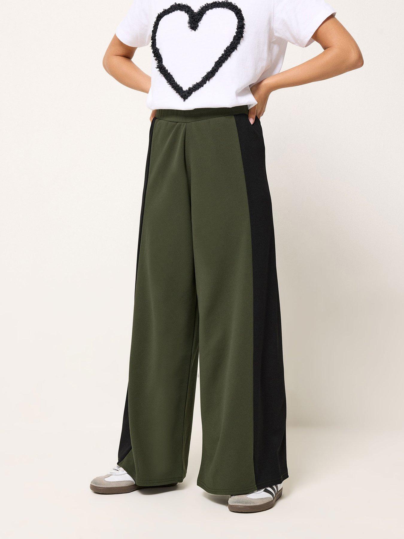 front image of pixiegirl-petite-side-panel-wide-leg-trousers-green