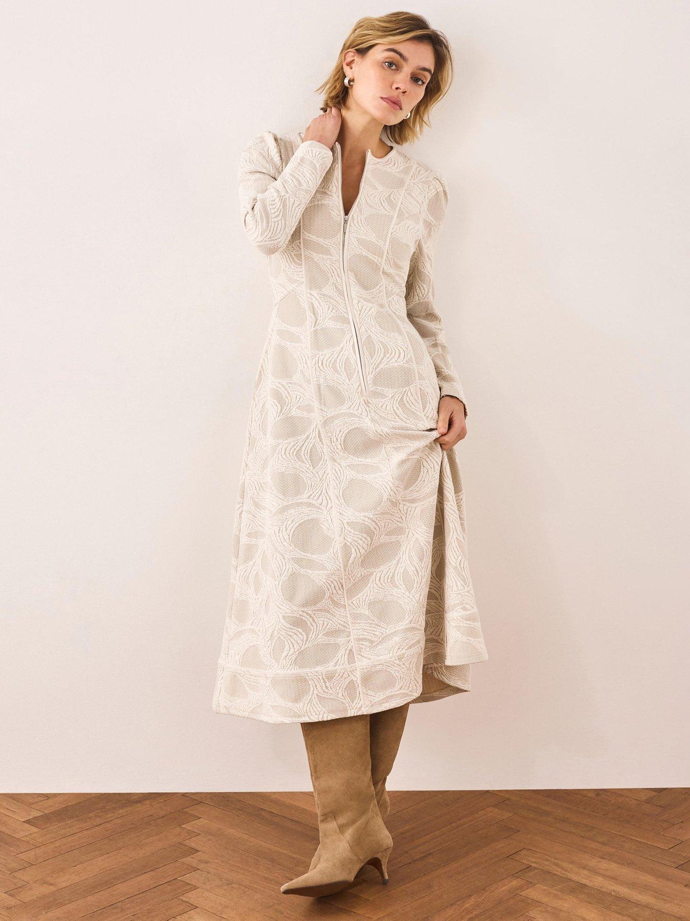 Mint Velvet Zip Front Jacquard Jersey Midi Dress - Ivory