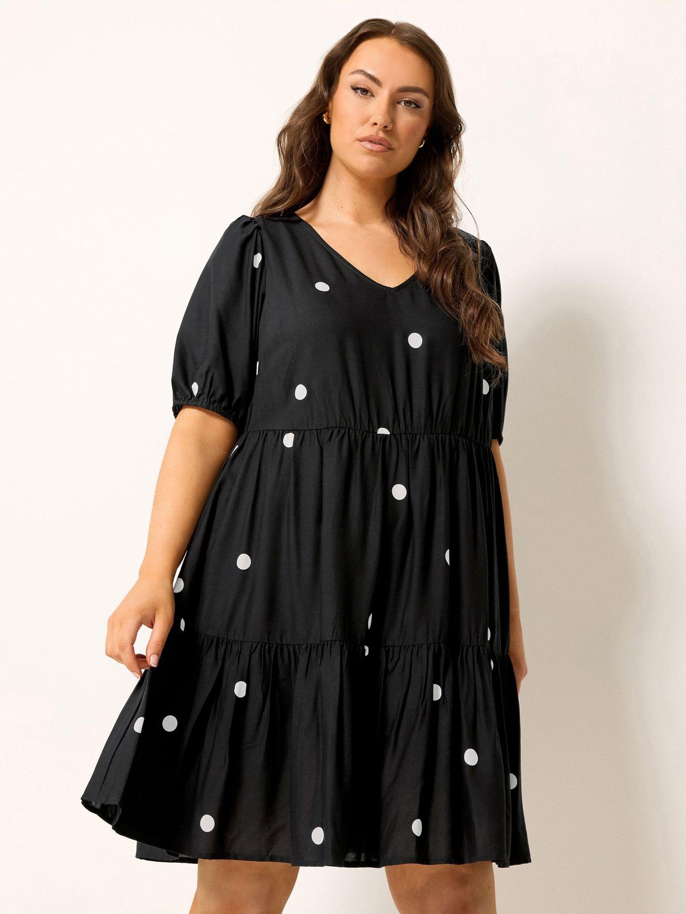 Yours Curve Polka Dot Tiered Smock Dress - Black