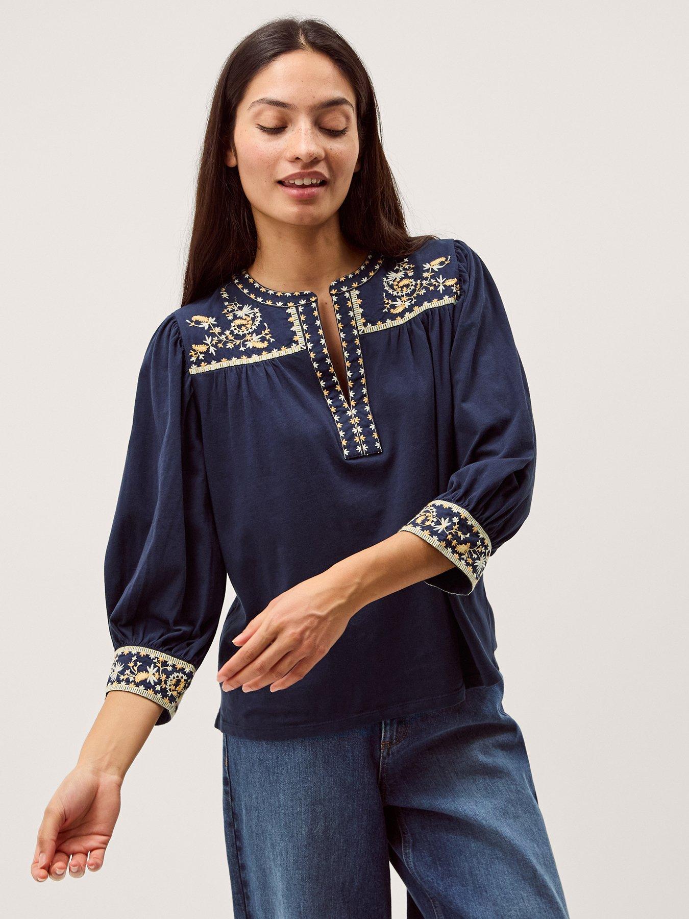 Monsoon Emi Embroidered Cotton Jersey Top - Blue