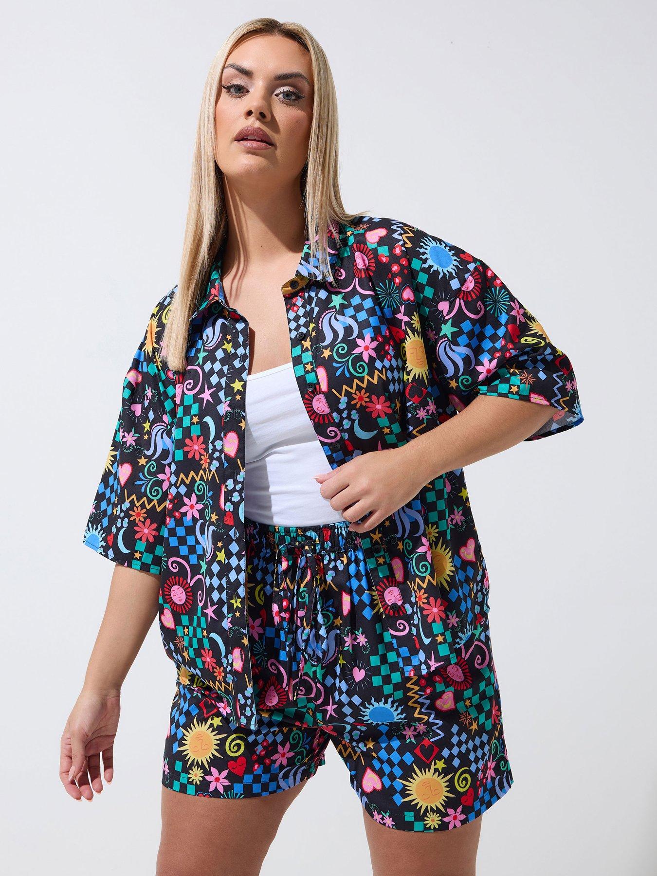 Image 1 of 5 of Yours Curve Tie Shirt Co-Ord Set - Black