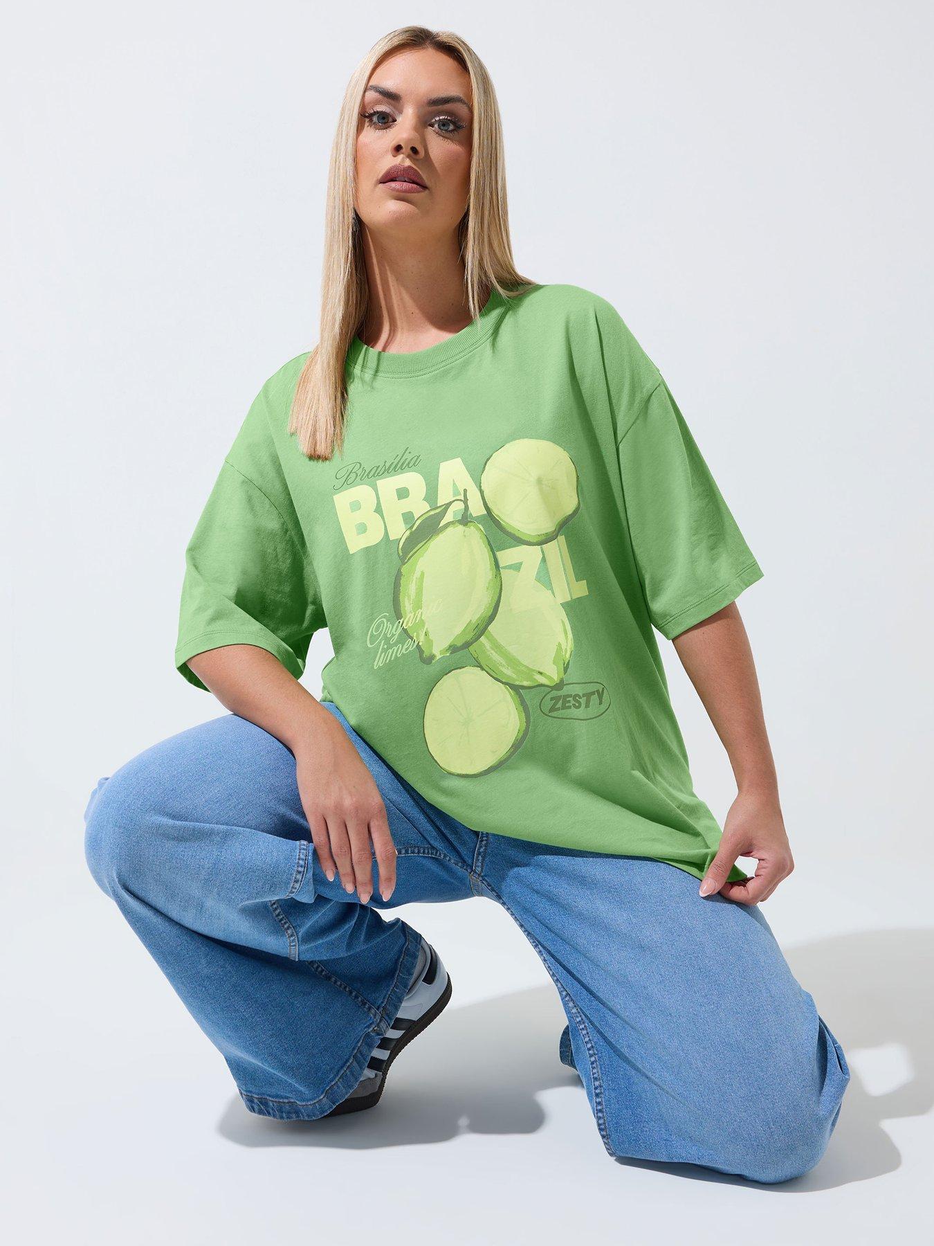Image 1 of 4 of Yours Curve Brazil Longline T-Shirt - Green