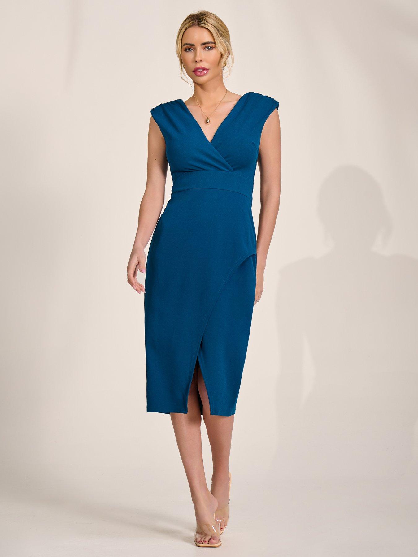 Image 3 of 7 of Jolie Moi V-Neck Split Bodycon Dress - Blue