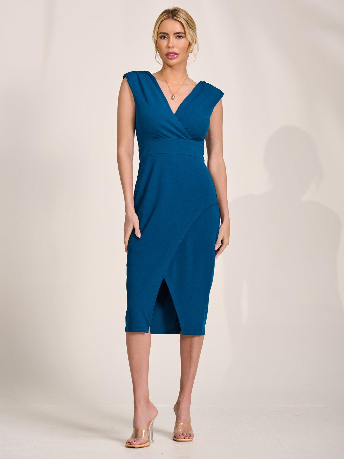 Image 6 of 7 of Jolie Moi V-Neck Split Bodycon Dress - Blue