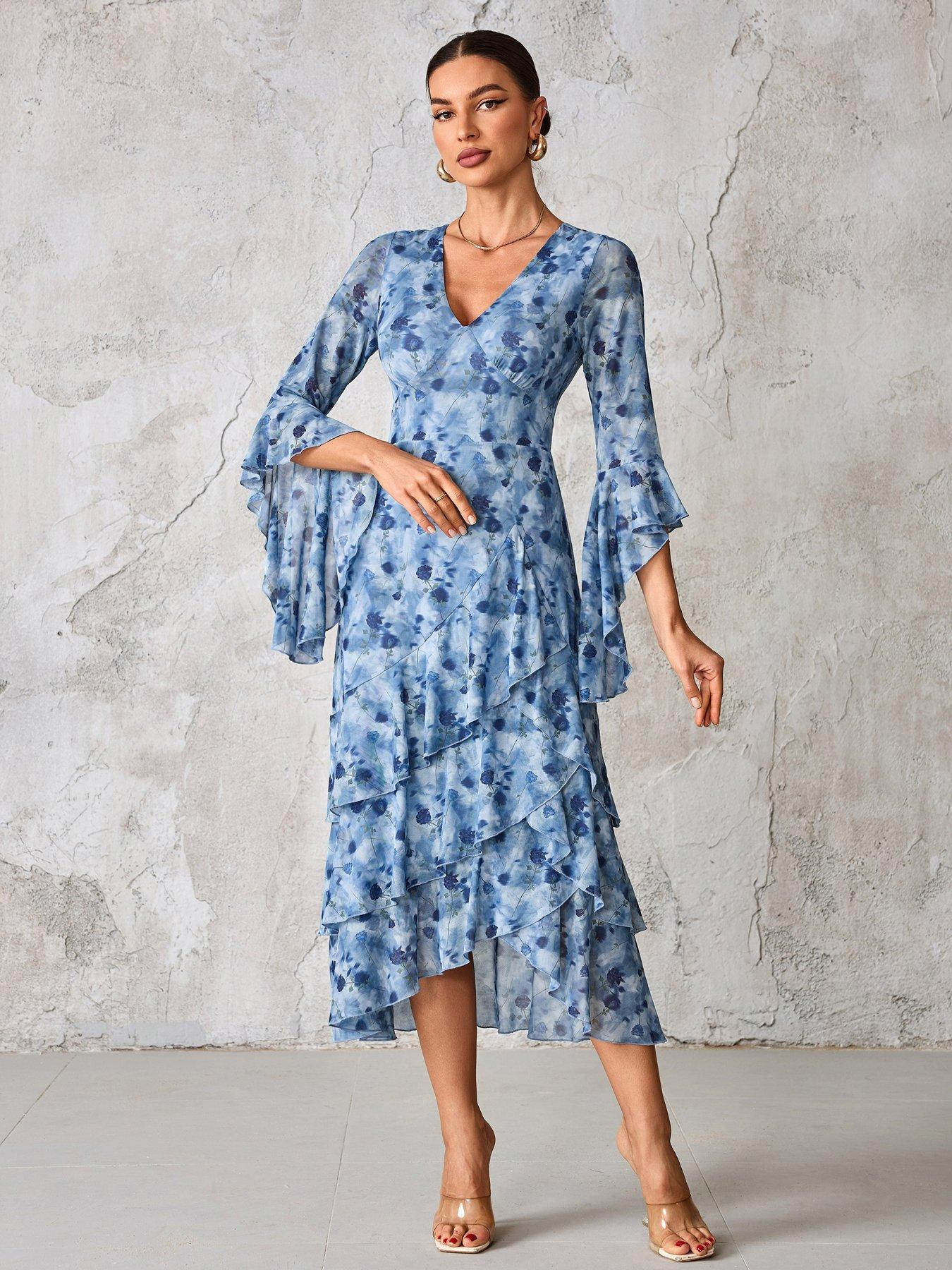 Jolie Moi Mesh Ruffle Sleeve Tiered Midaxi Dress - Blue