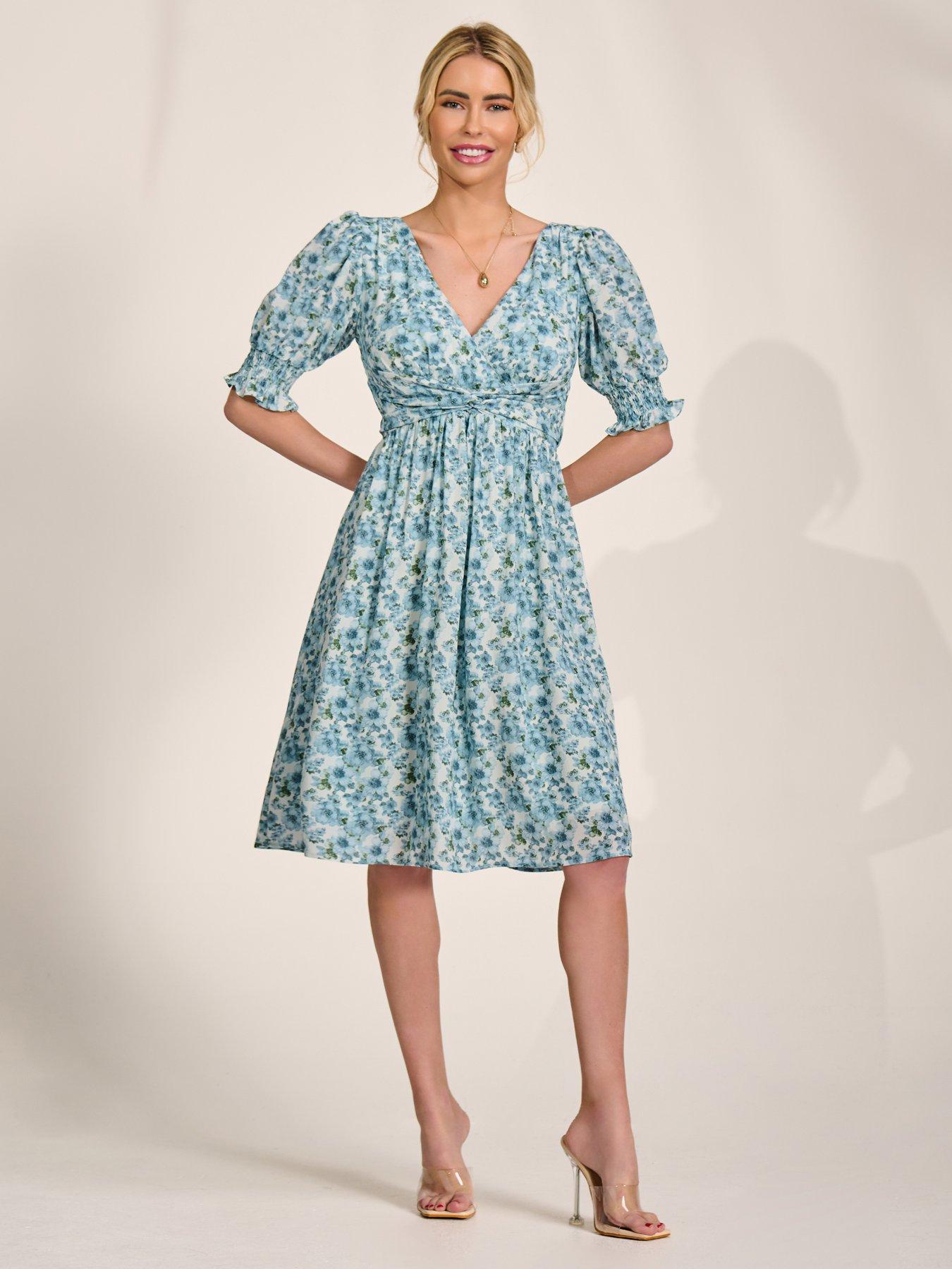 Image 1 of 7 of Jolie Moi Puff Sleeve Midi Dress - Blue